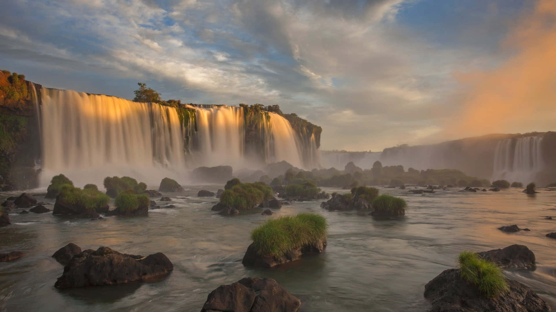 Iguazu Falls, towering cliff, sunset, Full HD Desktop Wallpaper