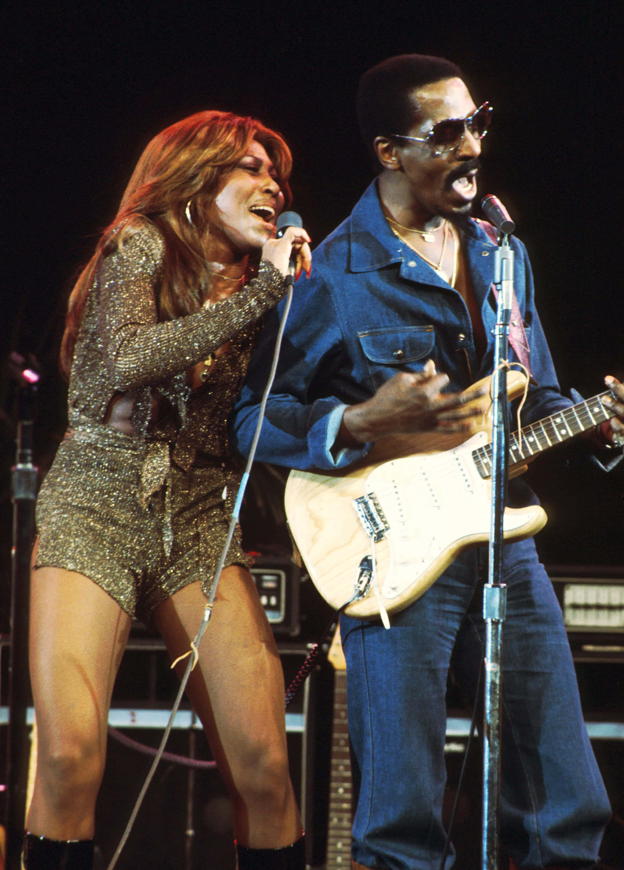 Ike & Tina Turner, glittering gold outfit, denim, 2K Phone Wallpaper
