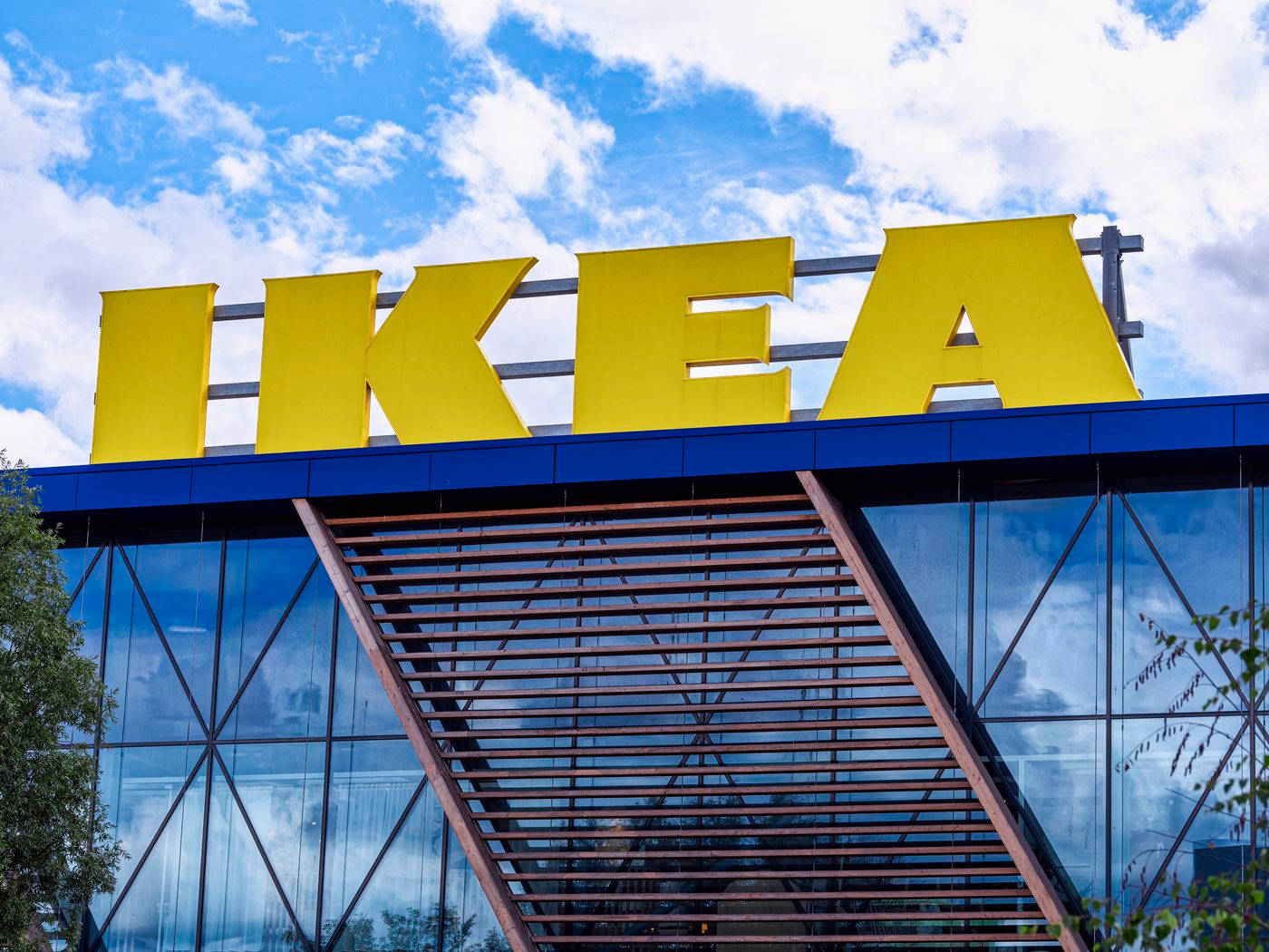 IKEA, yellow, modern glass building, HD Desktop Wallpaper