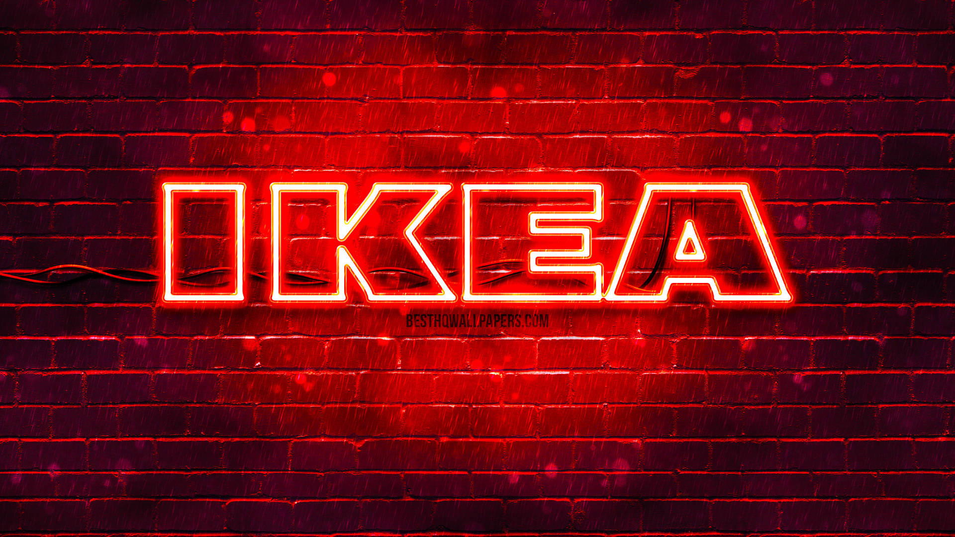 IKEA logo, vibrant red LED signage, brick accent wall, Full HD Desktop Wallpaper