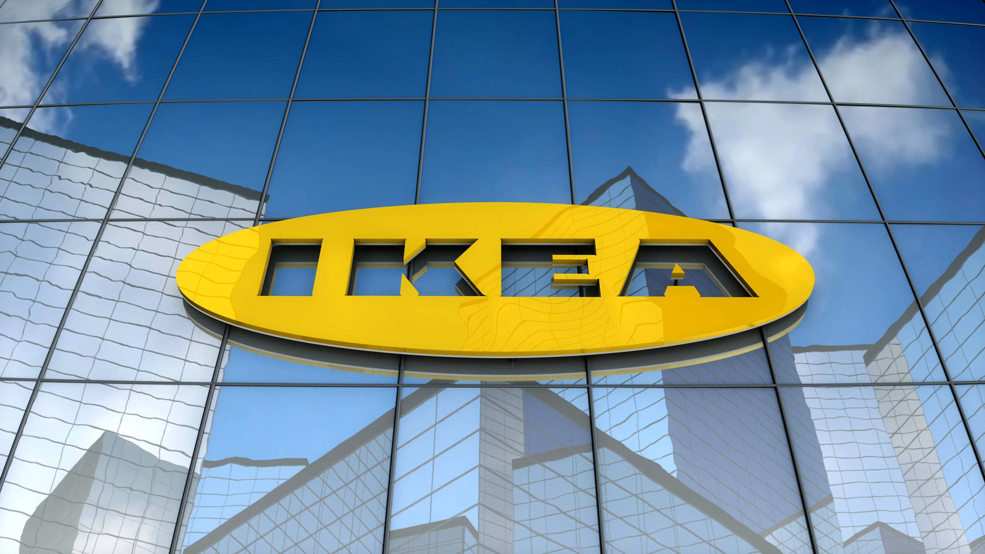 IKEA, yellow IKEA logo, glass building, 4K Desktop Wallpaper