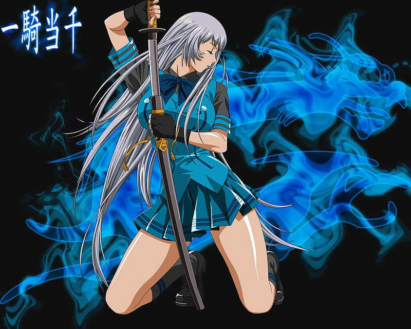 Ikki Tousen, silver-haired anime girl, blue school uniform, SD Desktop Wallpaper