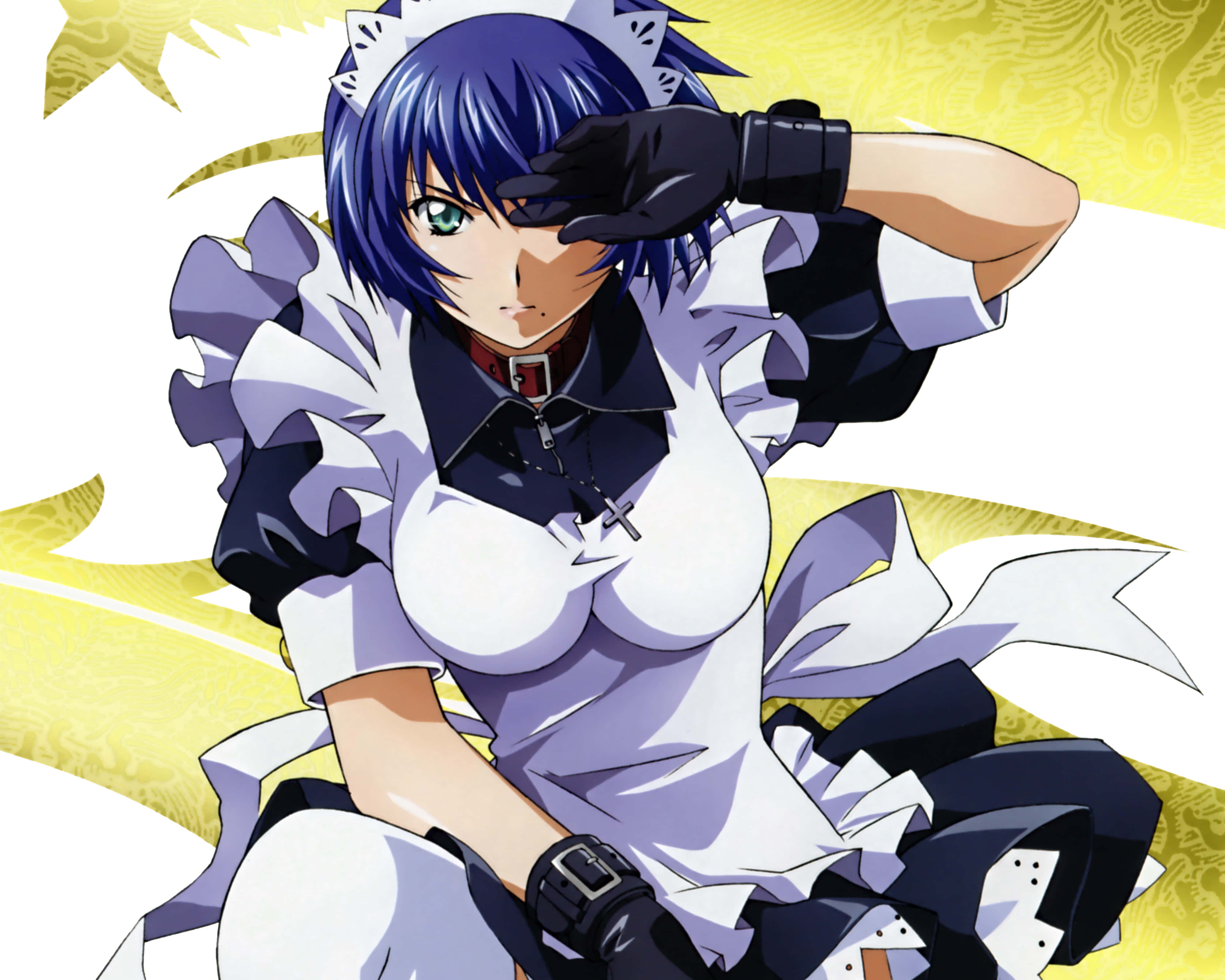 Ikki Tousen, blue-haired anime maid, green eyes, 4K Desktop Wallpaper