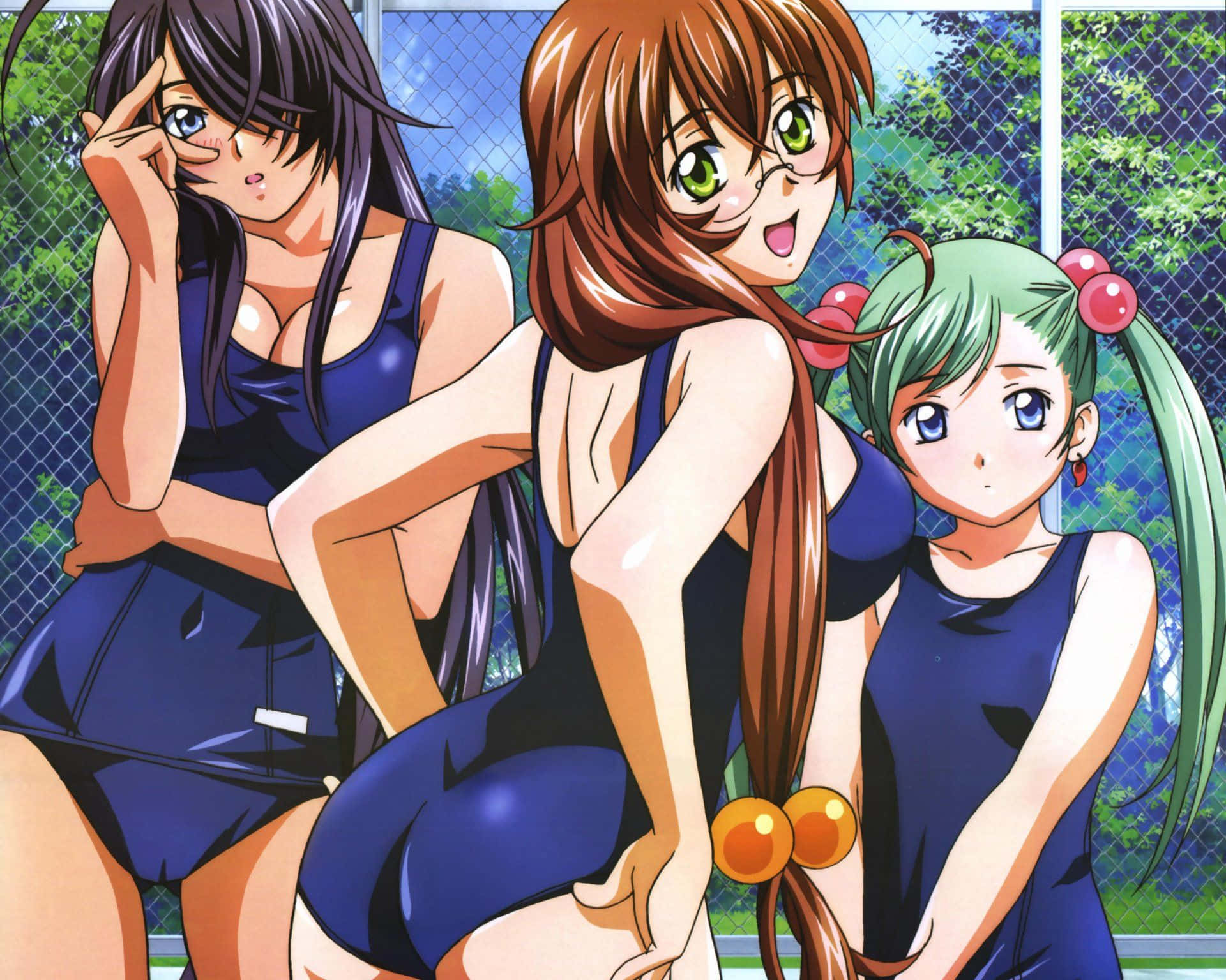 Ikki Tousen, blue tennis outfits, chain-link fence, Full HD Desktop Wallpaper