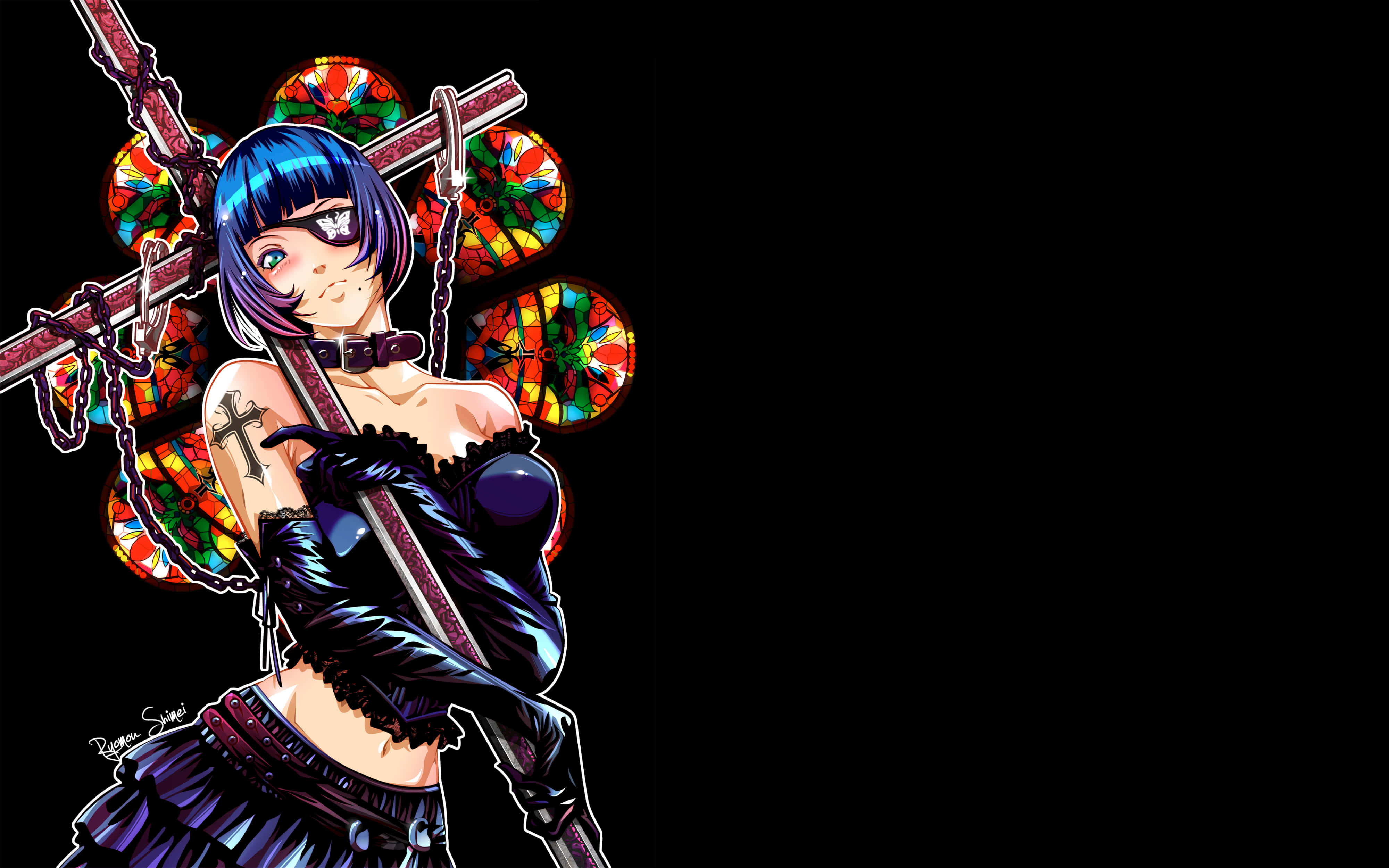 Ikki Tousen, blue-haired anime girl, cross tattoo, 4K Desktop Wallpaper