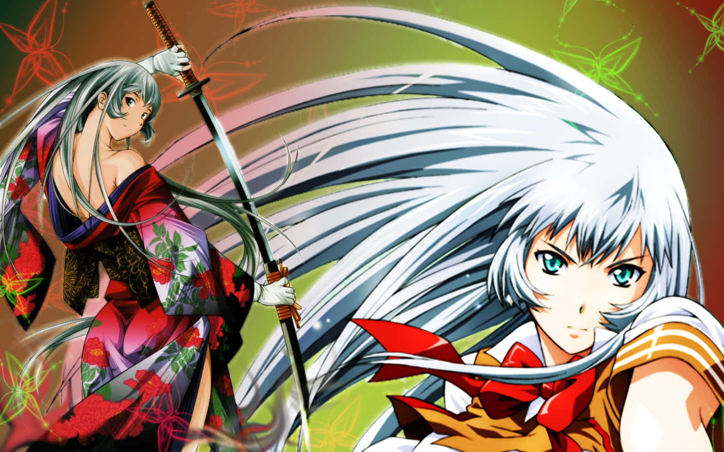 Ikki Tousen, silver hair, floral kimono, HD Desktop Wallpaper