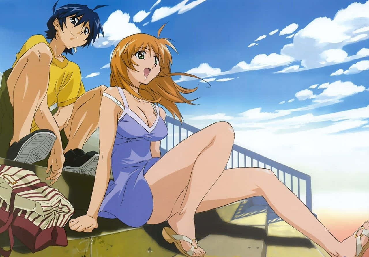 Ikki Tousen, rooftop ledge, bright blue sky, SD Desktop Wallpaper