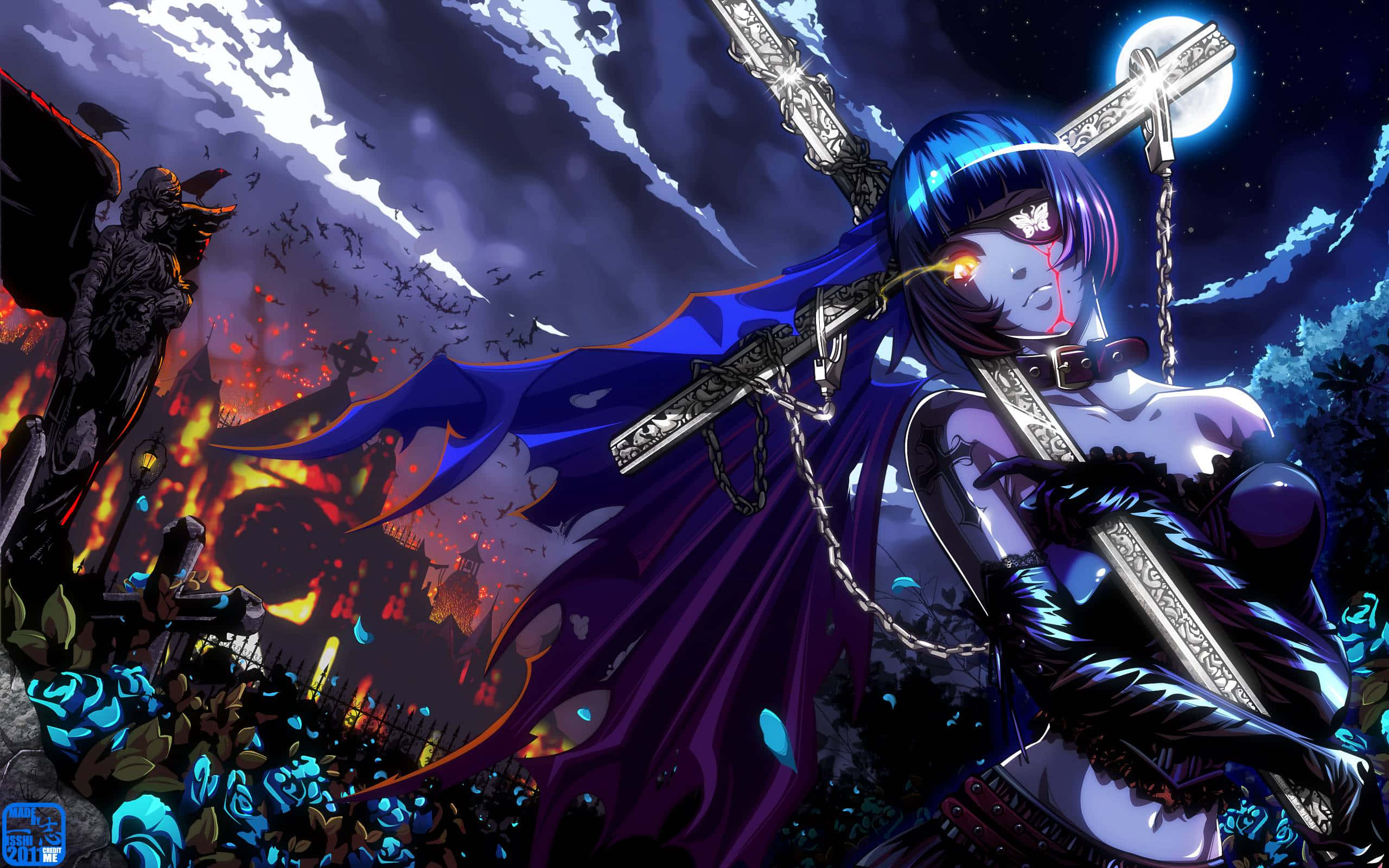 Ikki Tousen, blue-haired anime warrior, purple cloak, 2K Desktop Wallpaper