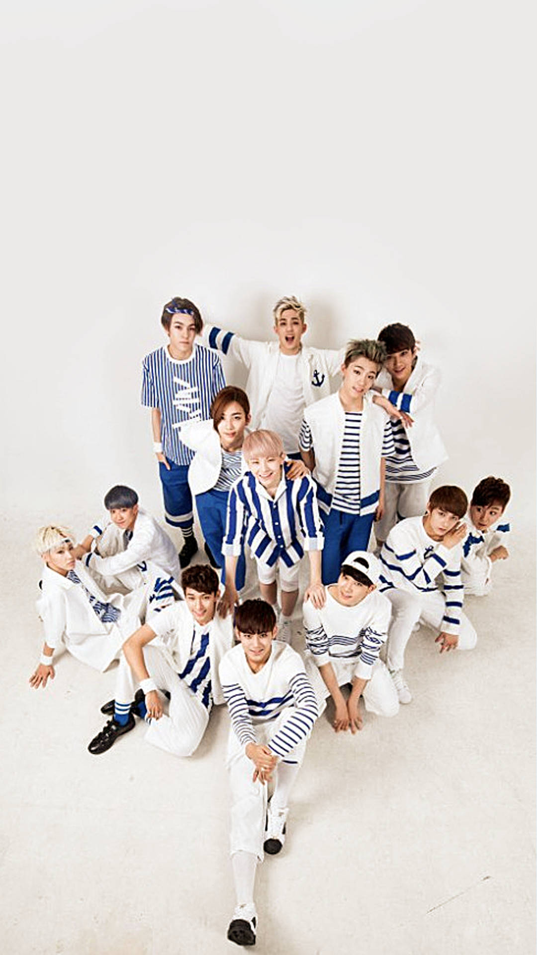IKon, white and blue striped sailor outfits, plain white studio background, Full HD Phone Wallpaper