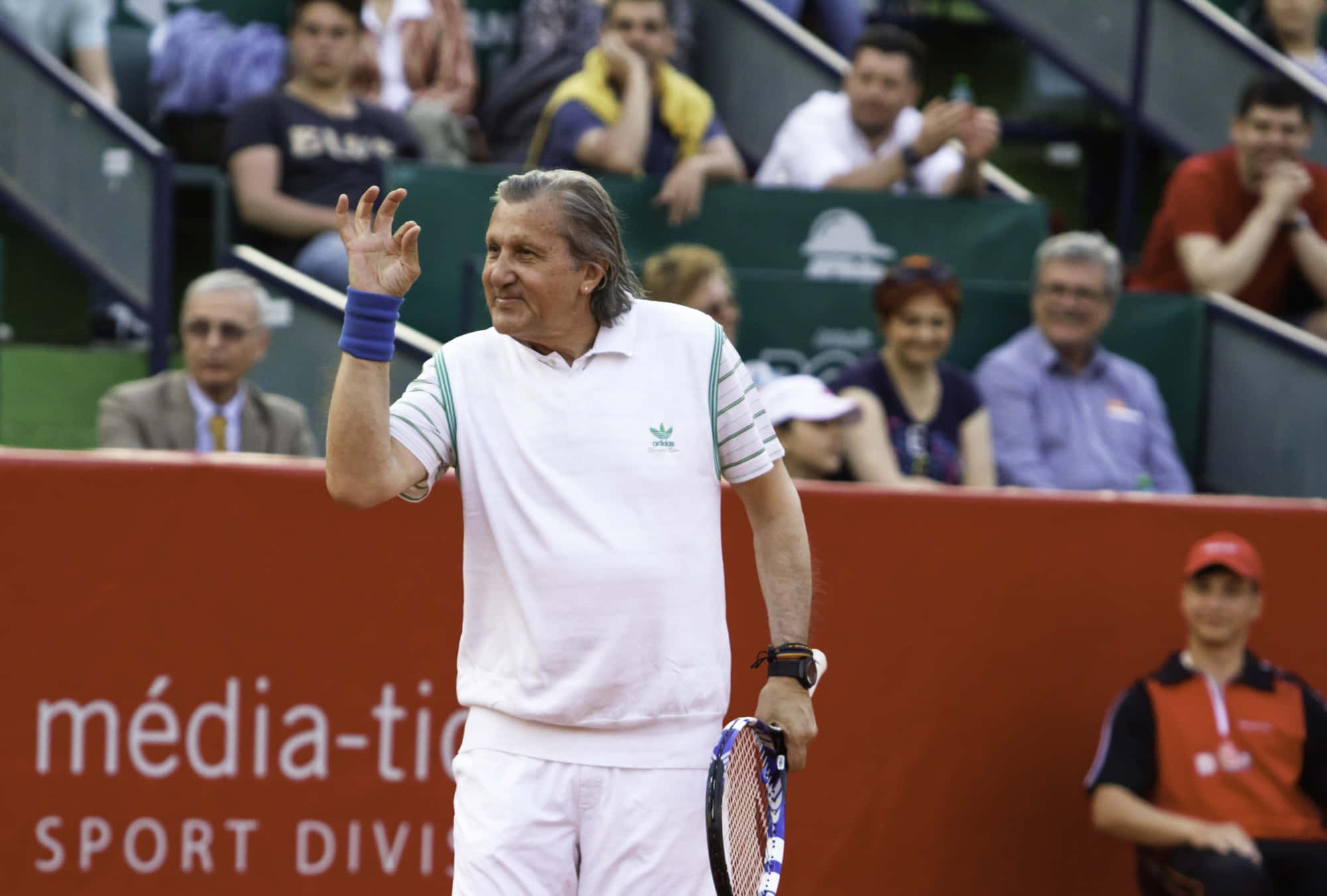 Ilie Năstase, white attire, racket, Full HD Desktop Wallpaper