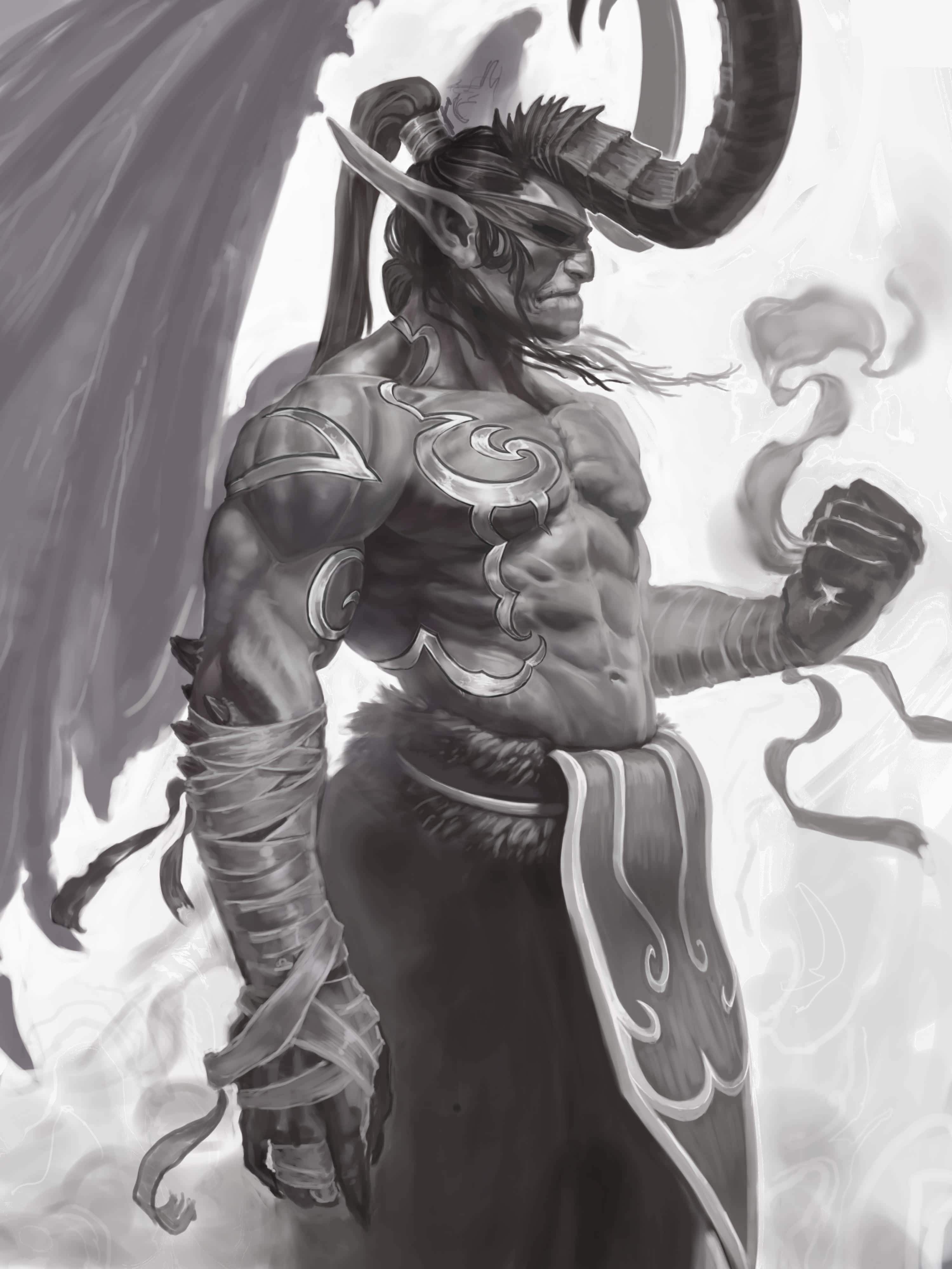 Illidan Stormrage, muscular horned demon, tribal tattoos, 4K Phone Wallpaper