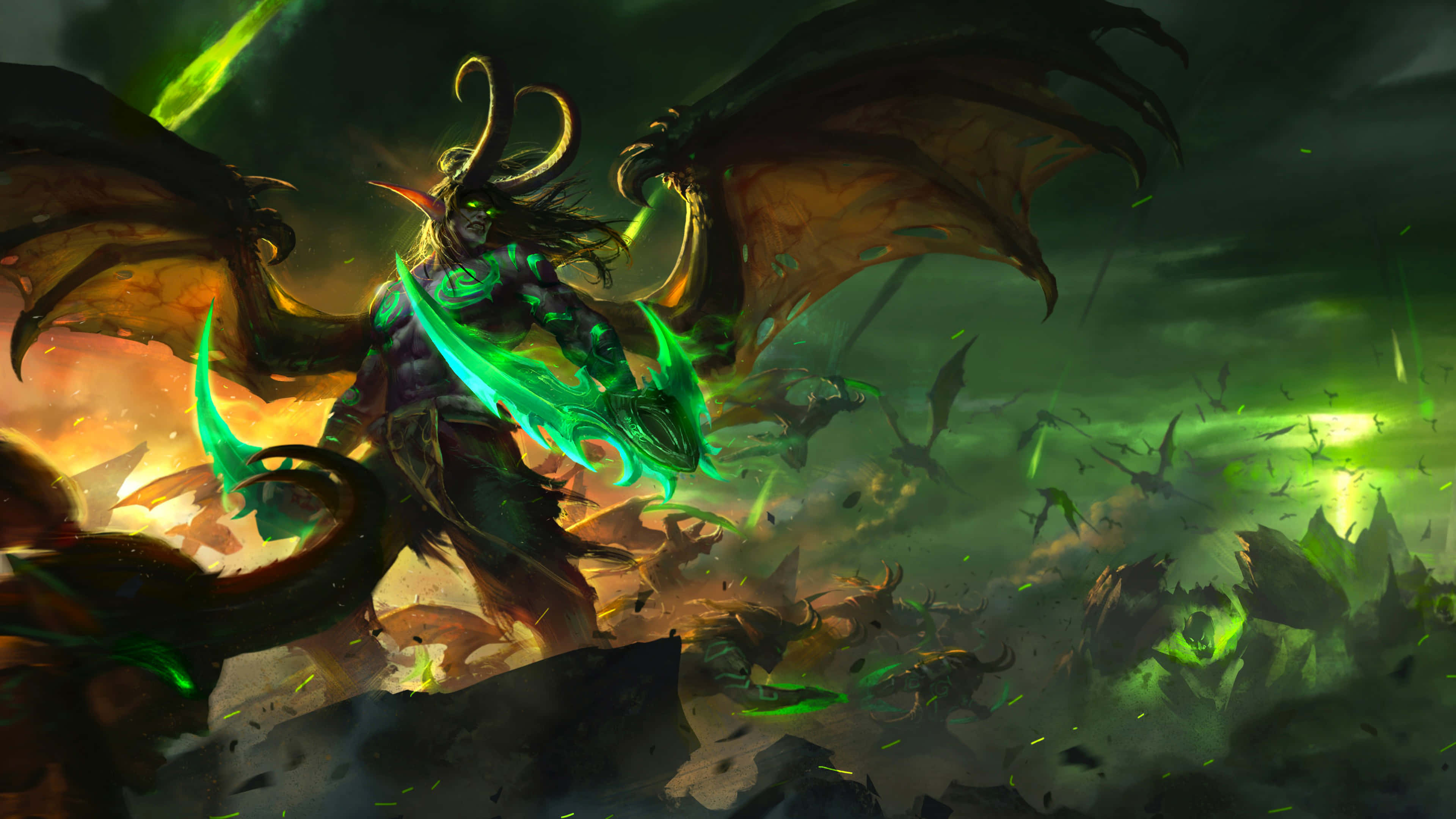 Illidan Stormrage, glowing green wings, chaotic battlefield, 4K Desktop Wallpaper
