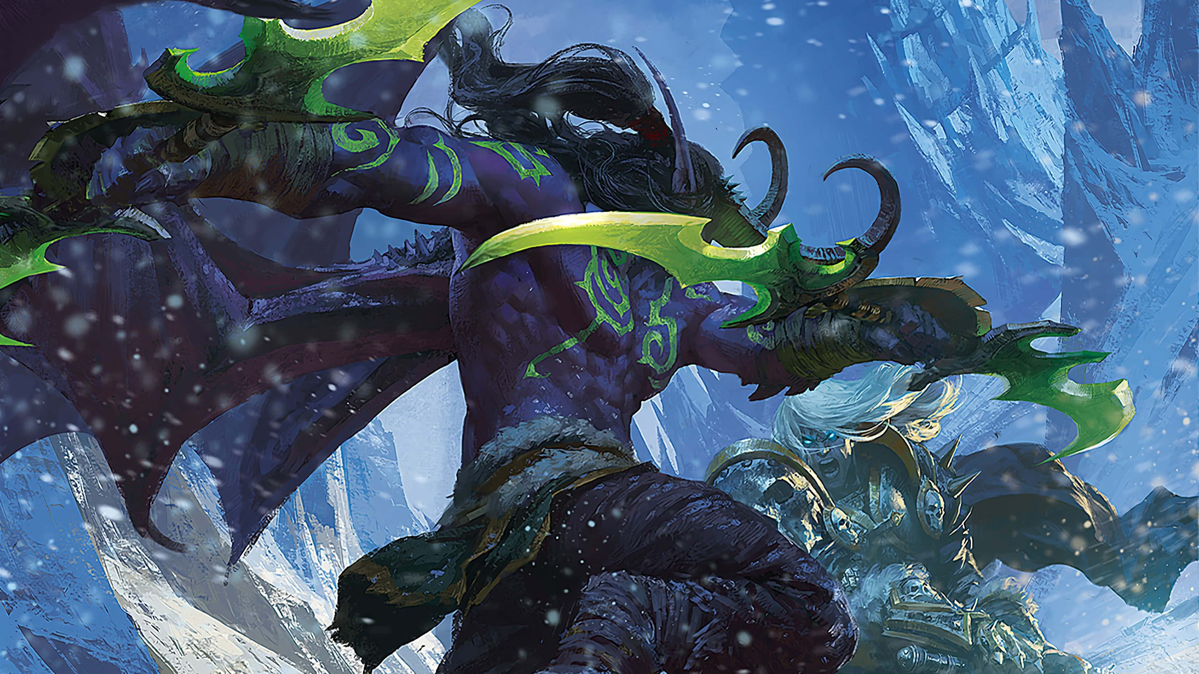 Illidan Stormrage, green wings, glowing runes, 4K Desktop Wallpaper