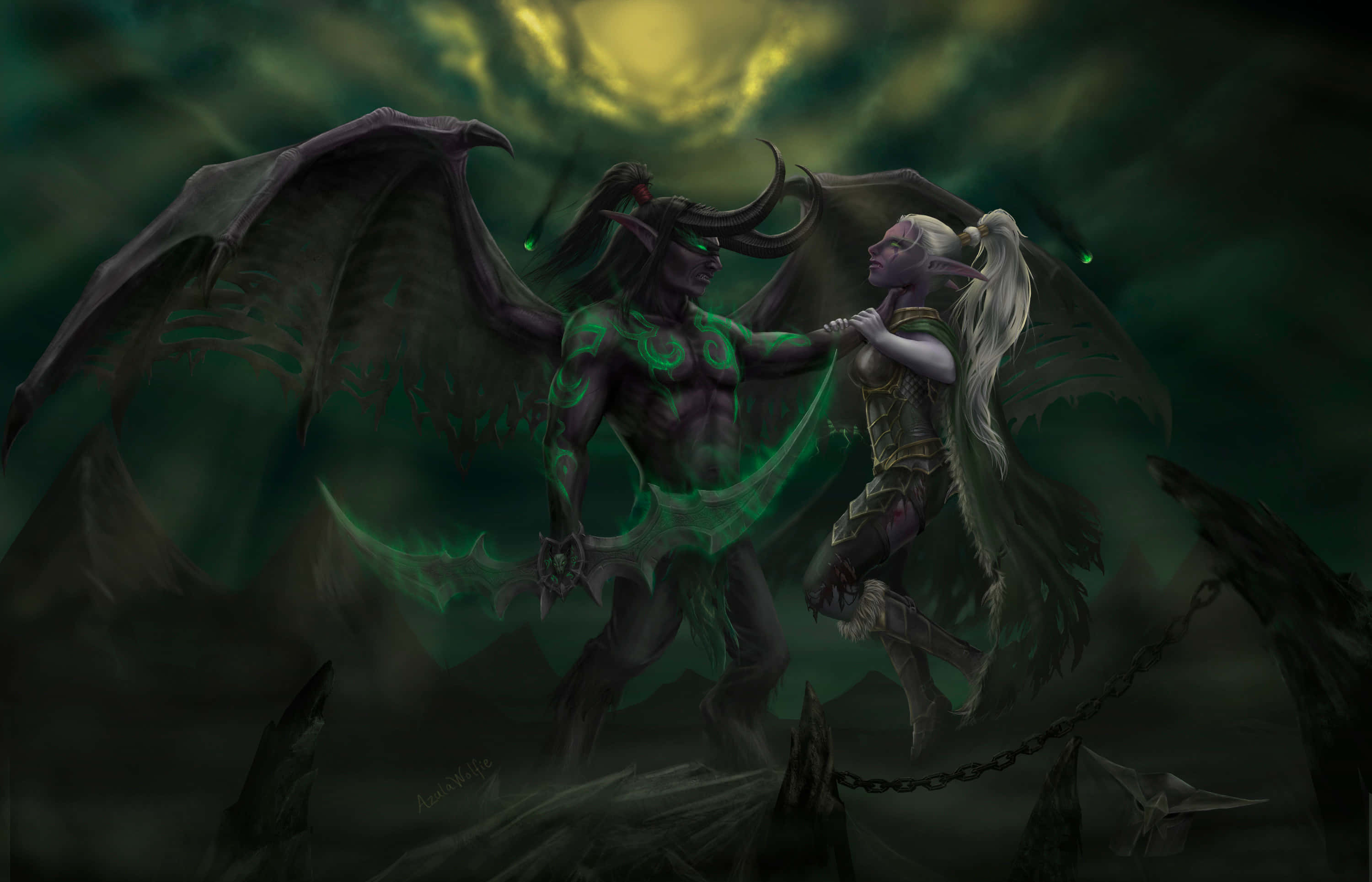Illidan Stormrage, demon form, glowing green markings, 2K Desktop Wallpaper
