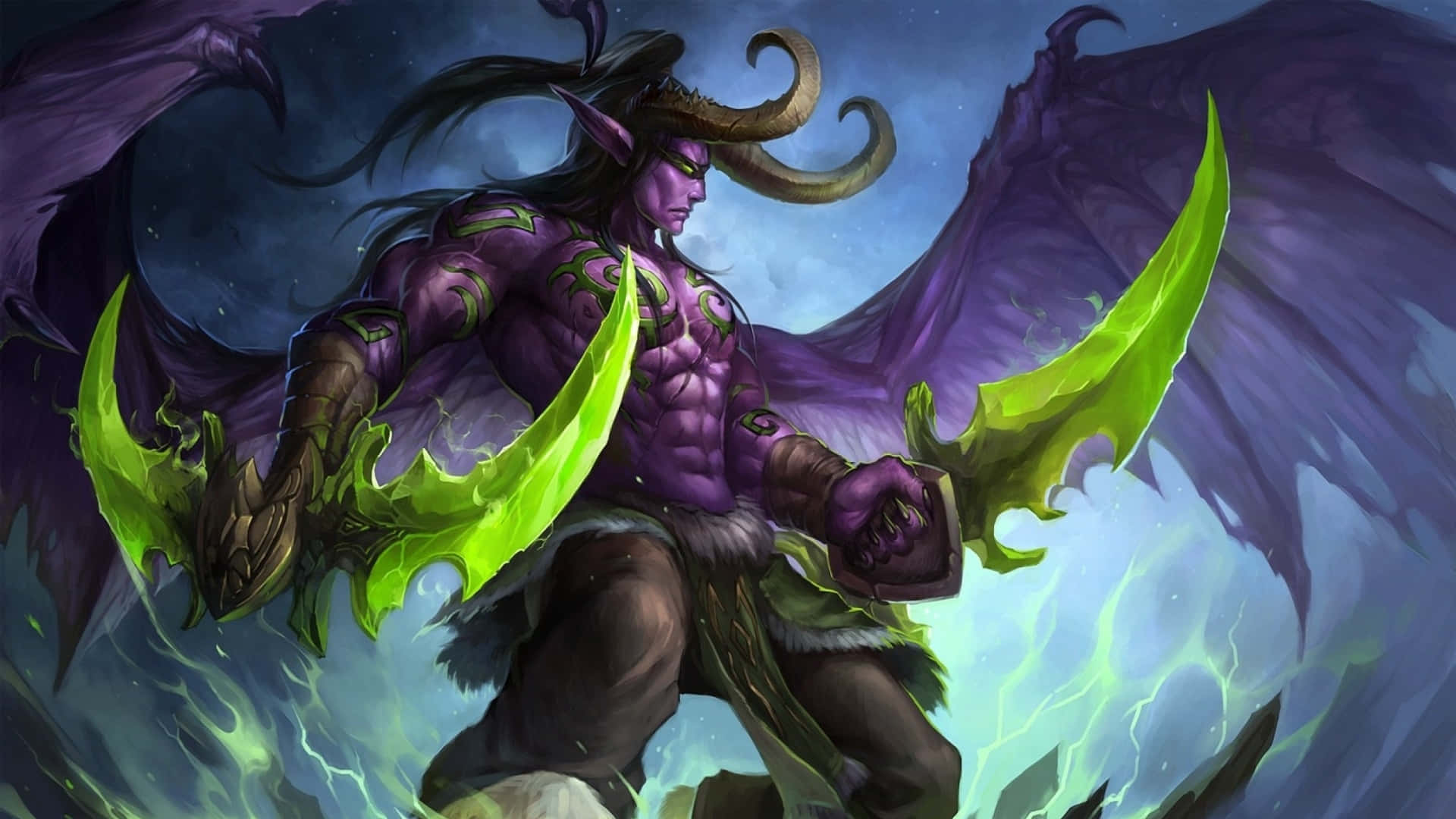 Illidan Stormrage, purple-skinned, dark wings, Full HD Desktop Wallpaper