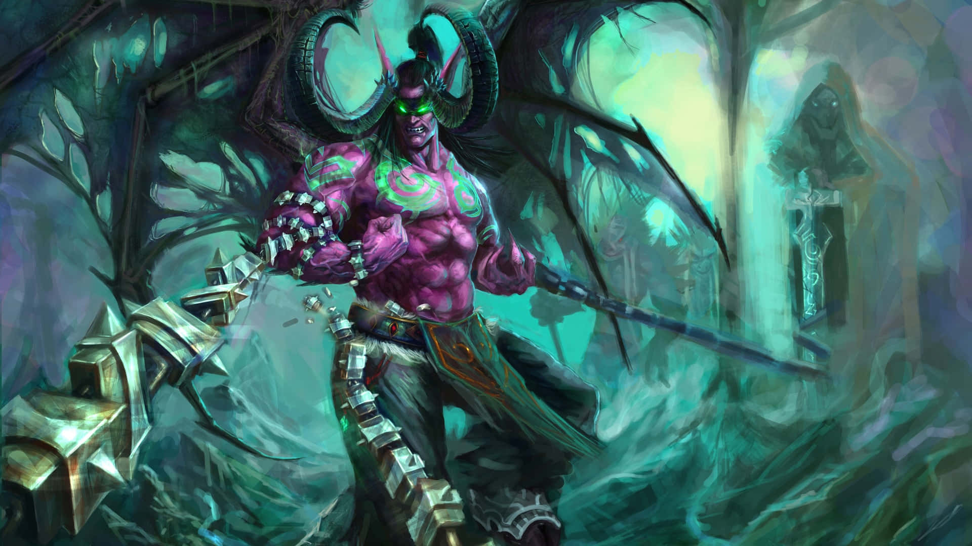 Illidan Stormrage, glowing green eyes, large horns, Full HD Desktop Wallpaper