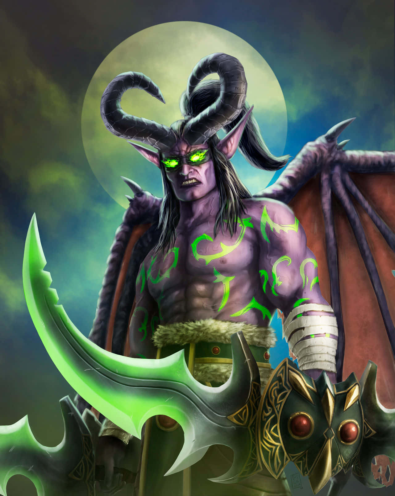 Illidan Stormrage, purple demon, glowing green eyes, HD Phone Wallpaper