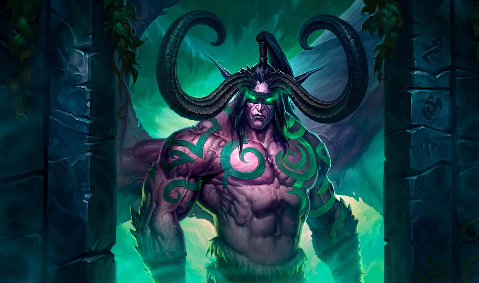 Illidan Stormrage, glowing green tattoos, massive curved horns, HD Desktop Wallpaper