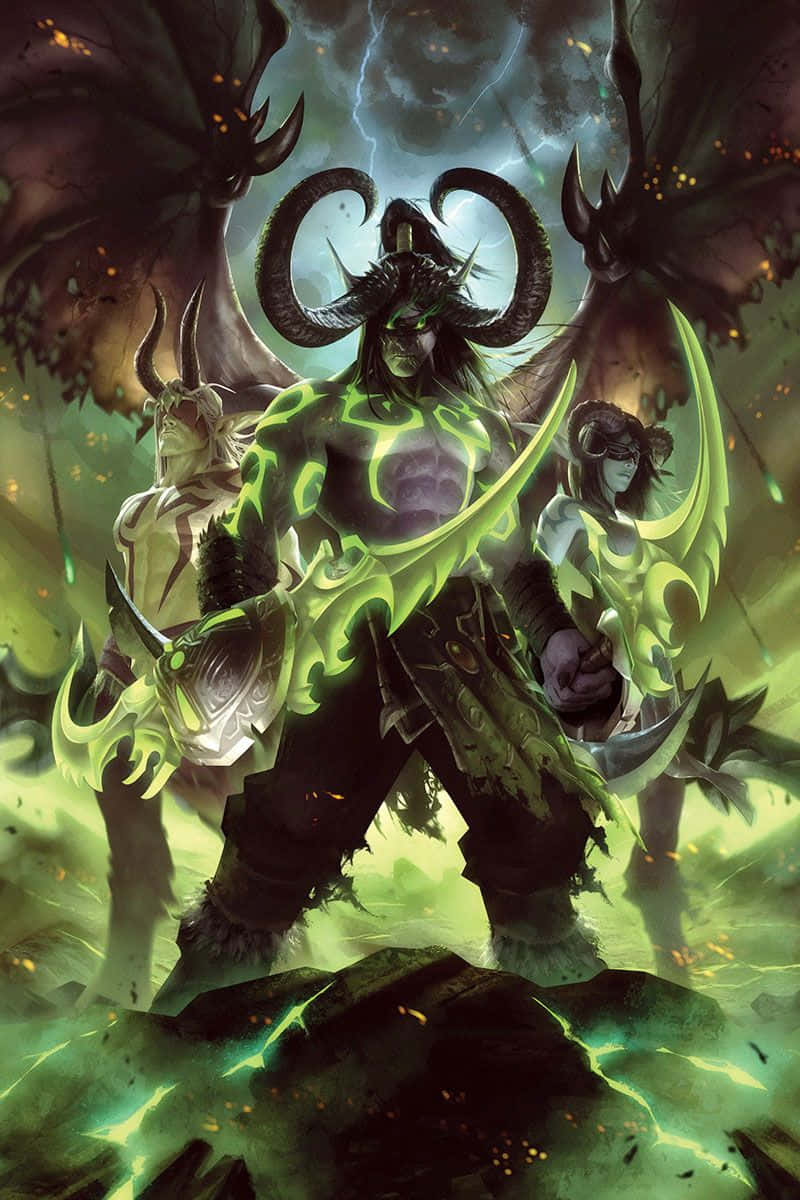 Illidan Stormrage, glowing green armor, massive horns, SD Phone Wallpaper