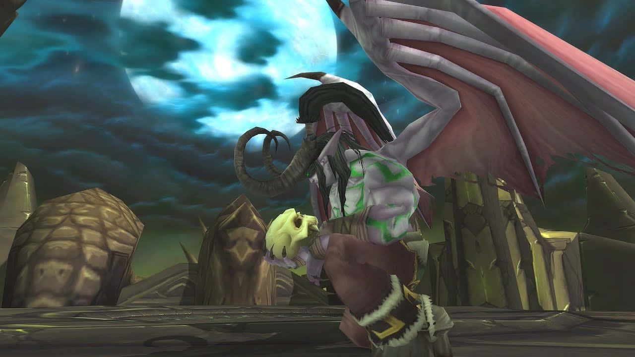 Illidan Stormrage, red and gray wings, stone ruin, HD Desktop Wallpaper