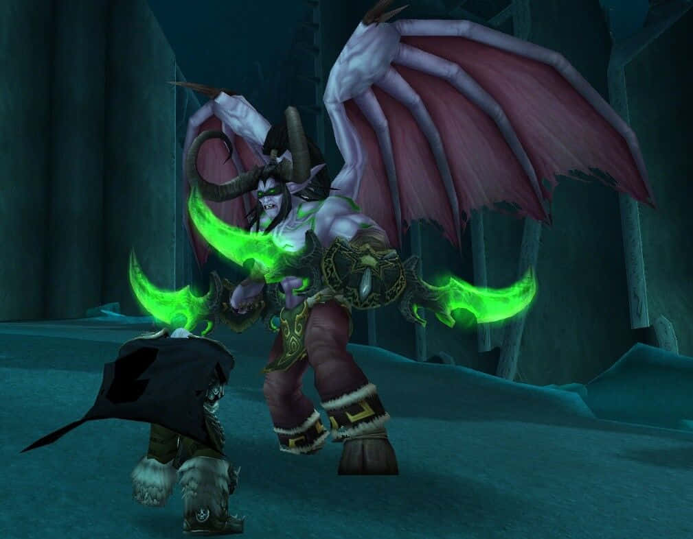 Illidan Stormrage, glowing green blades, red wings, SD Desktop Wallpaper