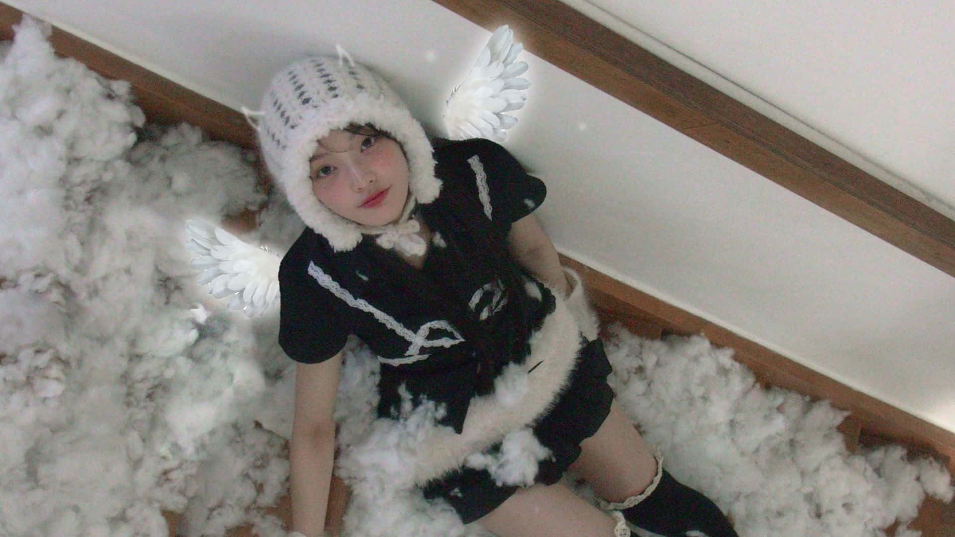 Illit, black and white angel costume, fluffy white cotton, Full HD Desktop Wallpaper