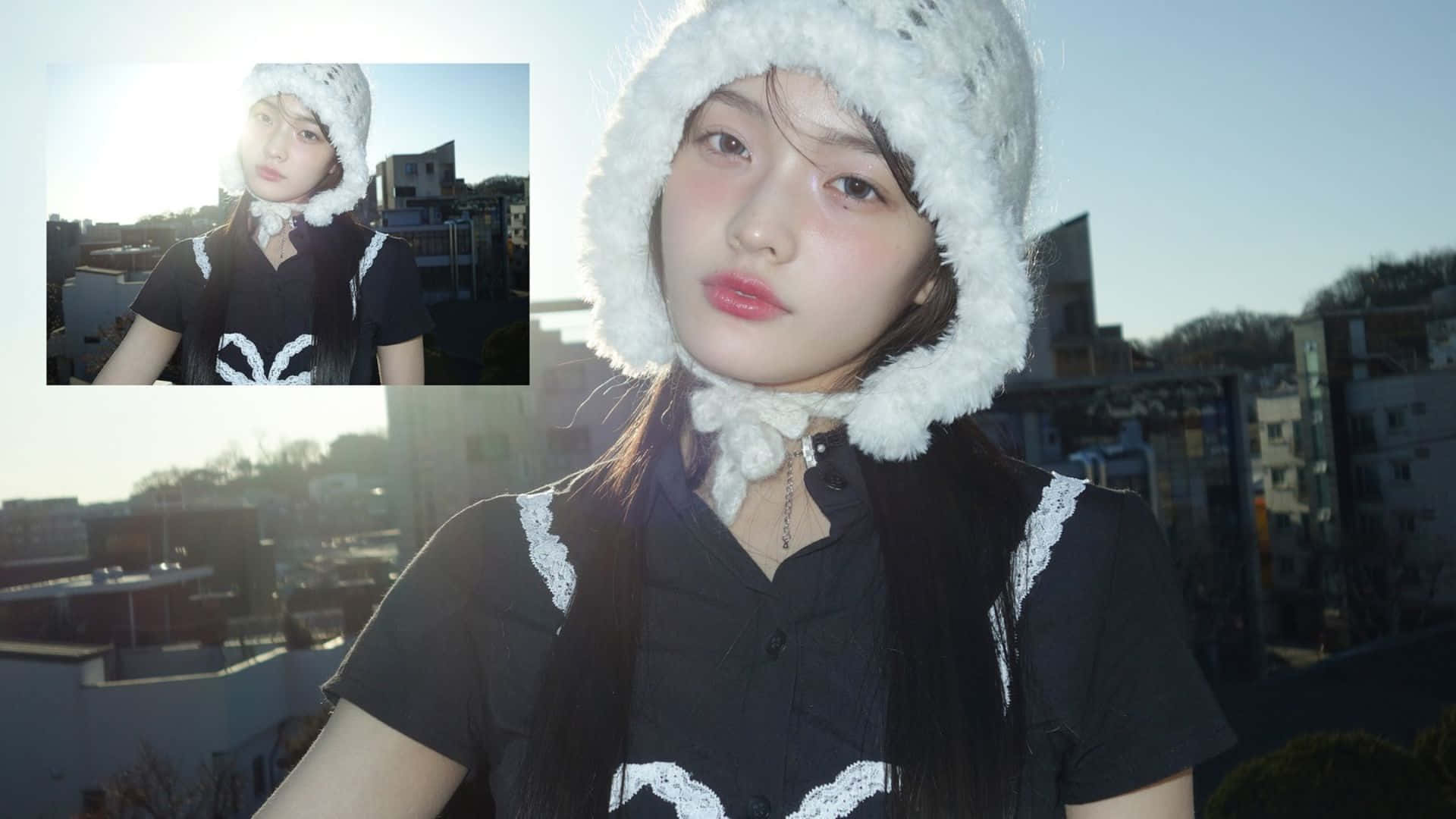 Illit, fluffy white hat, black lace-trimmed shirt, Full HD Desktop Wallpaper
