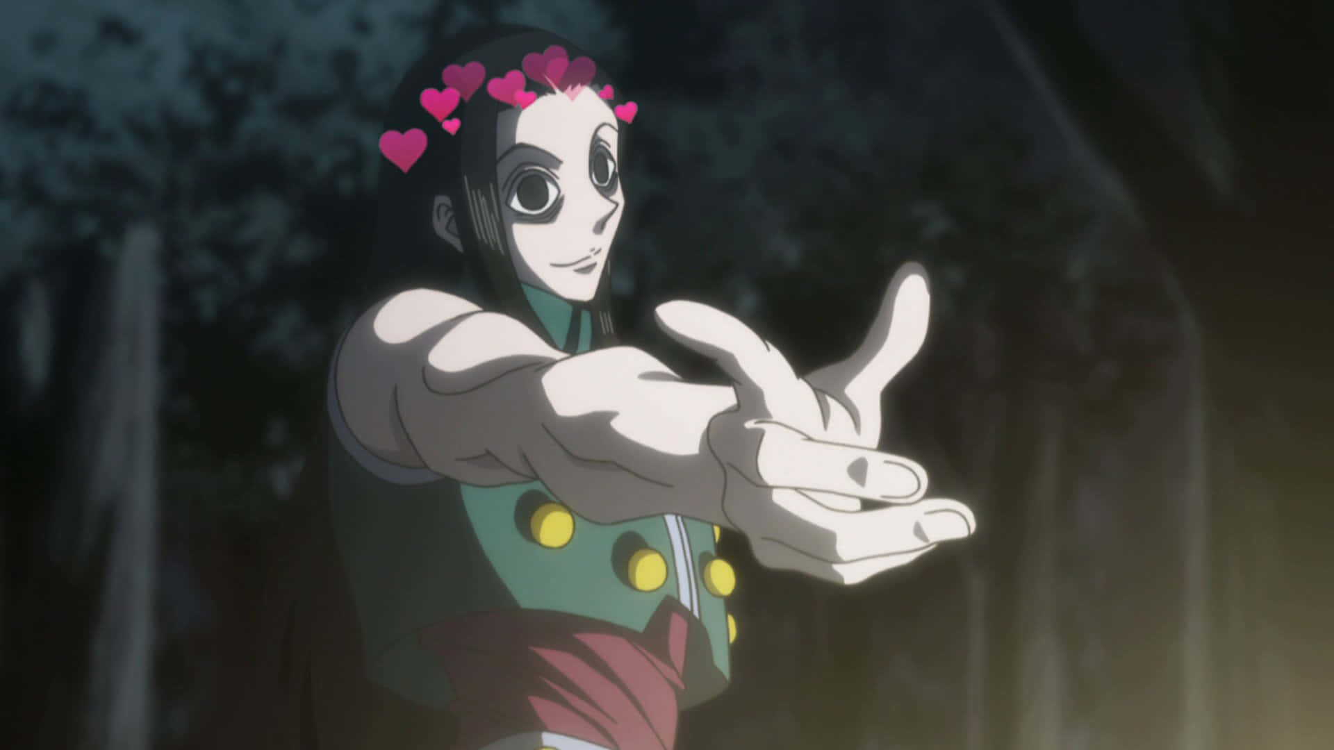 Illumi Zoldyck, heart-shaped hair accessories, dark forest setting, Full HD Desktop Wallpaper