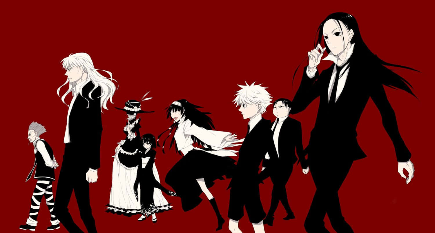 Illumi Zoldyck, black and white suits, bold red background, HD Desktop Wallpaper
