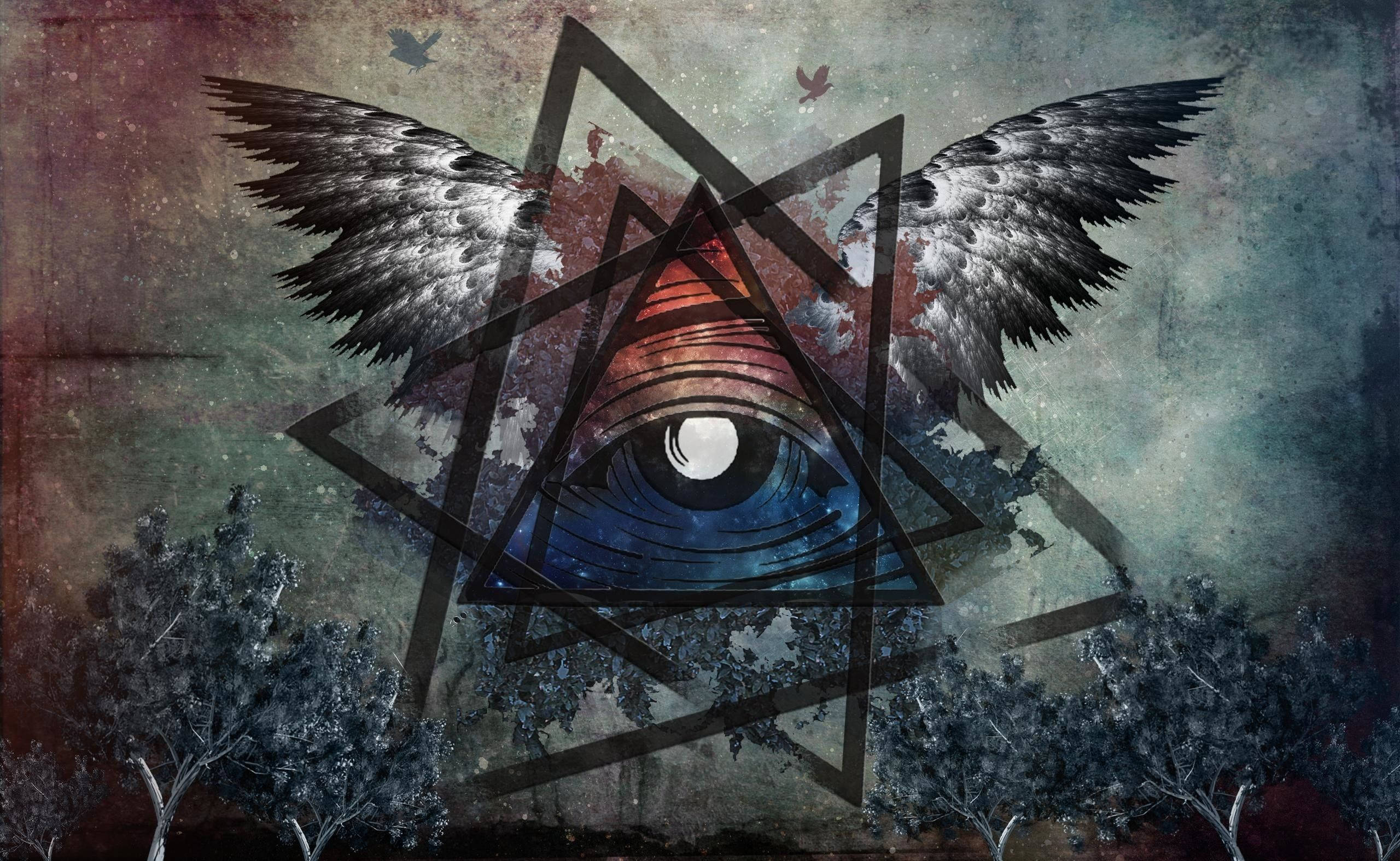 Illuminati Eye, wings, triangle, 2K Desktop Wallpaper
