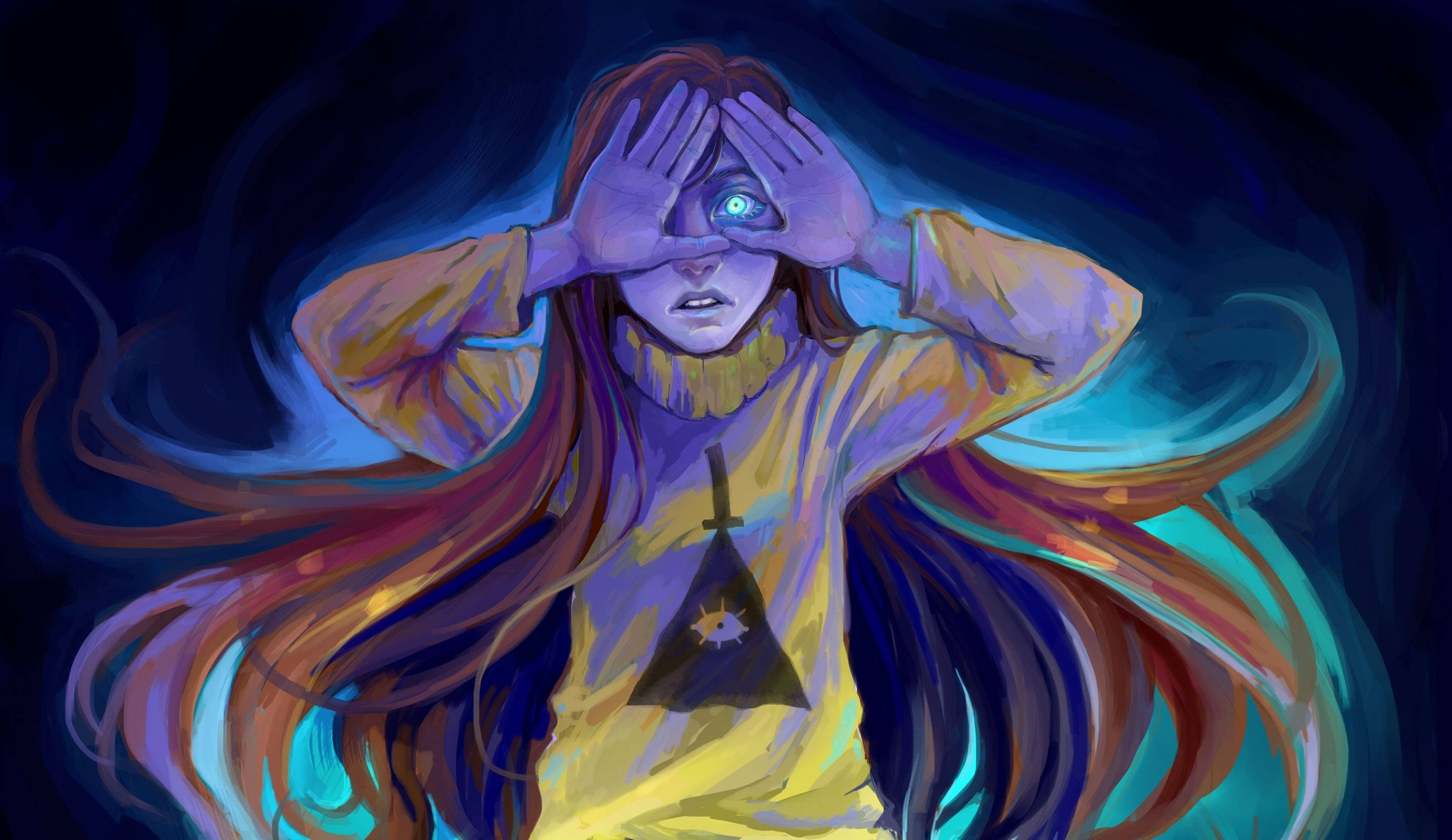 Illuminati Girl, glowing blue eye, flowing multicolored hair, 2K Desktop Wallpaper