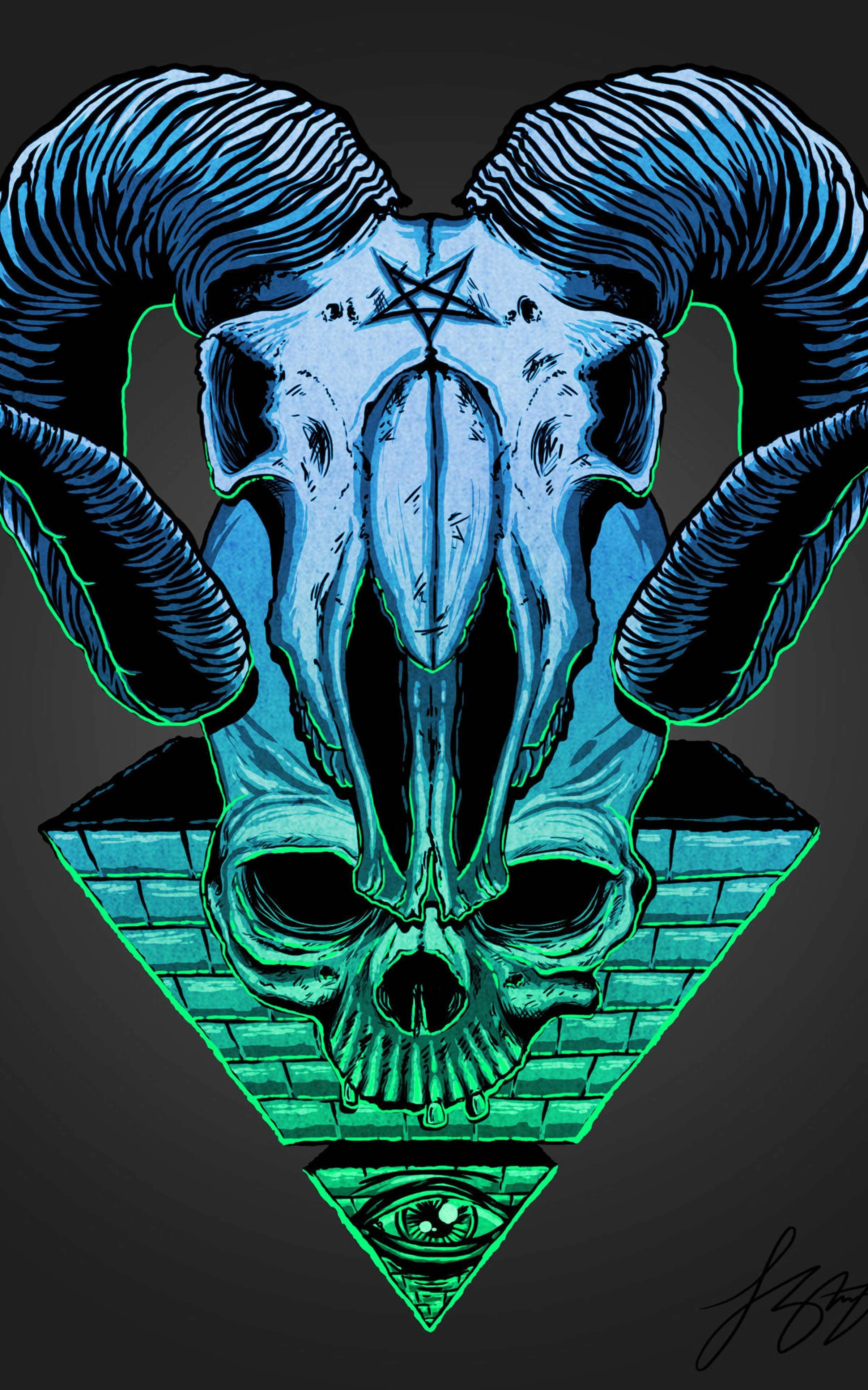Illuminati, ram skull, pentagram, 4K Phone Wallpaper