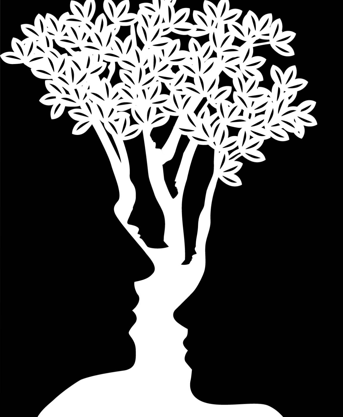 ambiguous tree optical illusion, white silhouetted profiles, stylized tree, HD Phone Wallpaper