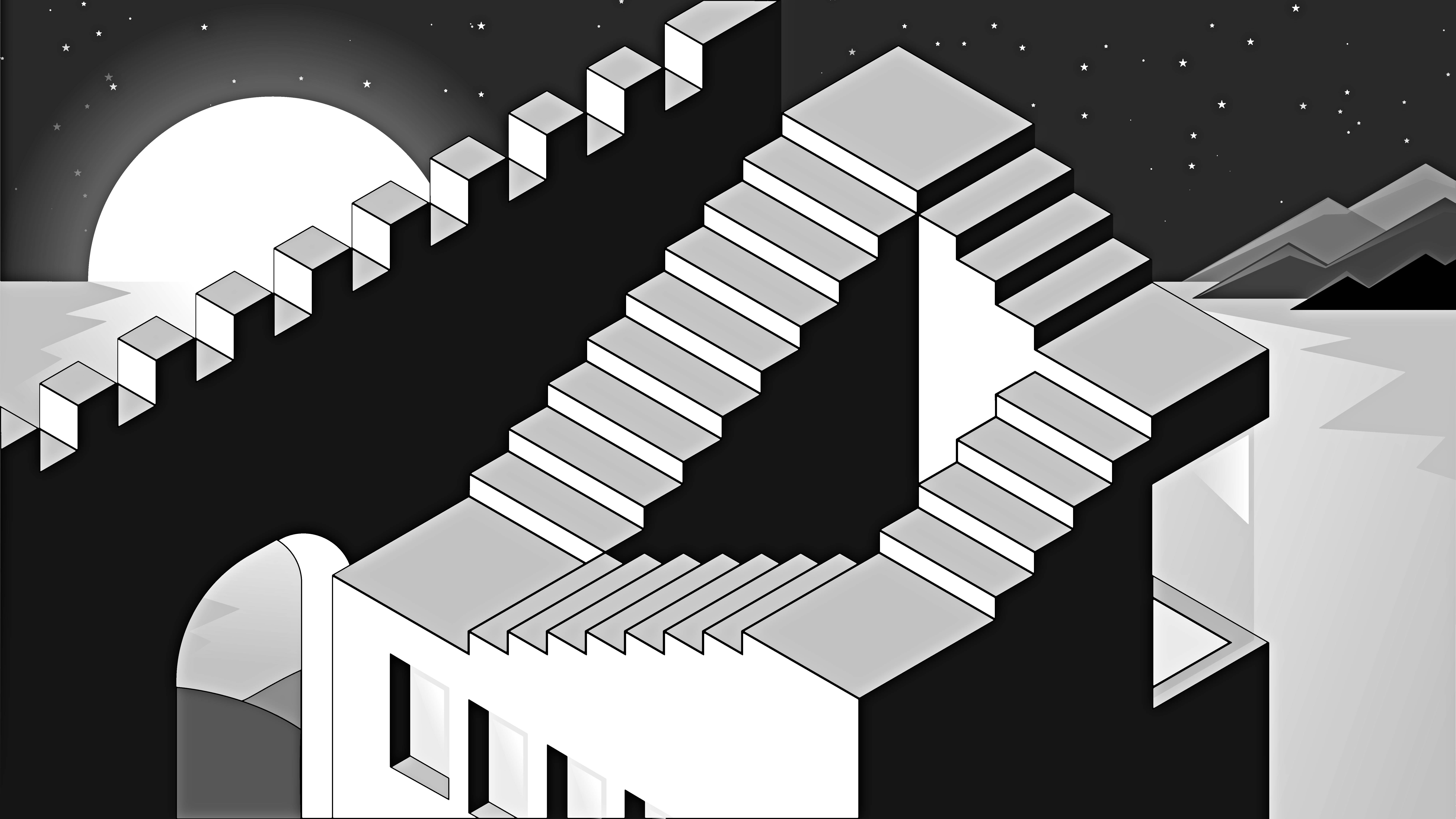 Illusion 2D Stairs, monochrome geometric staircase, starry night sky, 8K Desktop Wallpaper