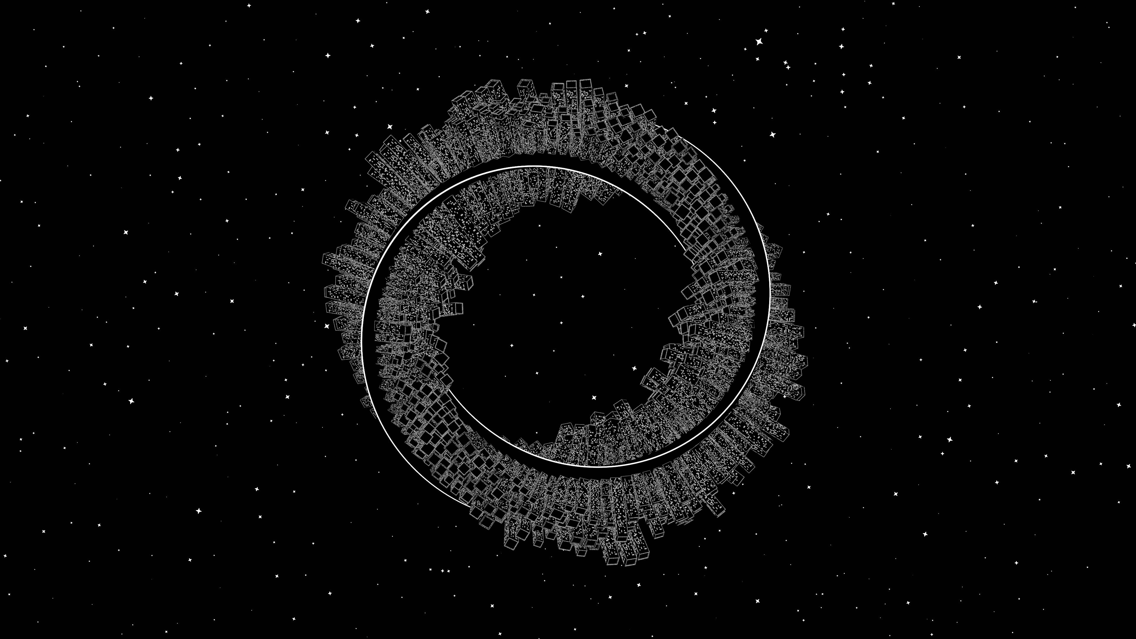 Illusion, glowing white circular cityscape, starry black void, 4K Desktop Wallpaper