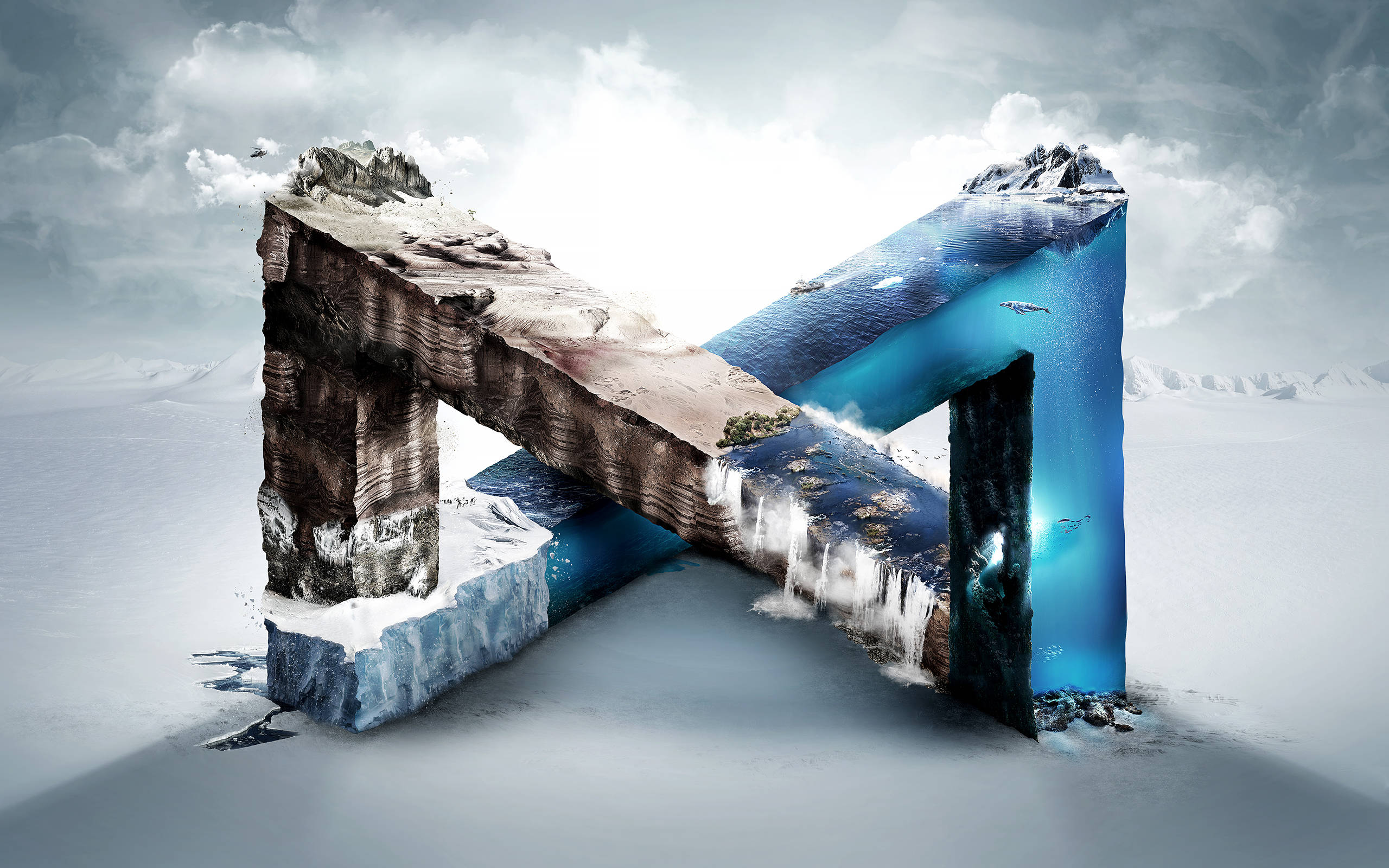 Illusion, abstract letter N, mountain range, 2K Desktop Wallpaper