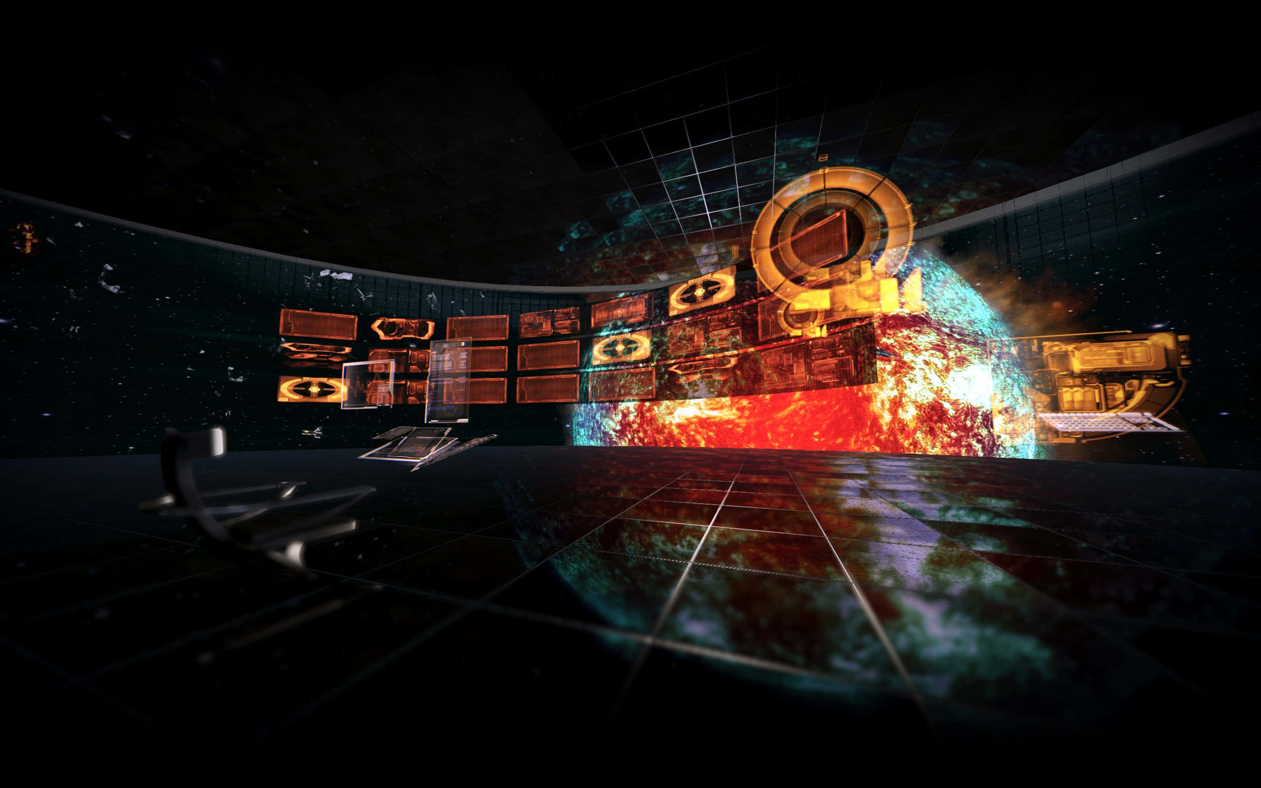 Illusive Man, holographic screens, glowing planet core projection, 2K Desktop Wallpaper