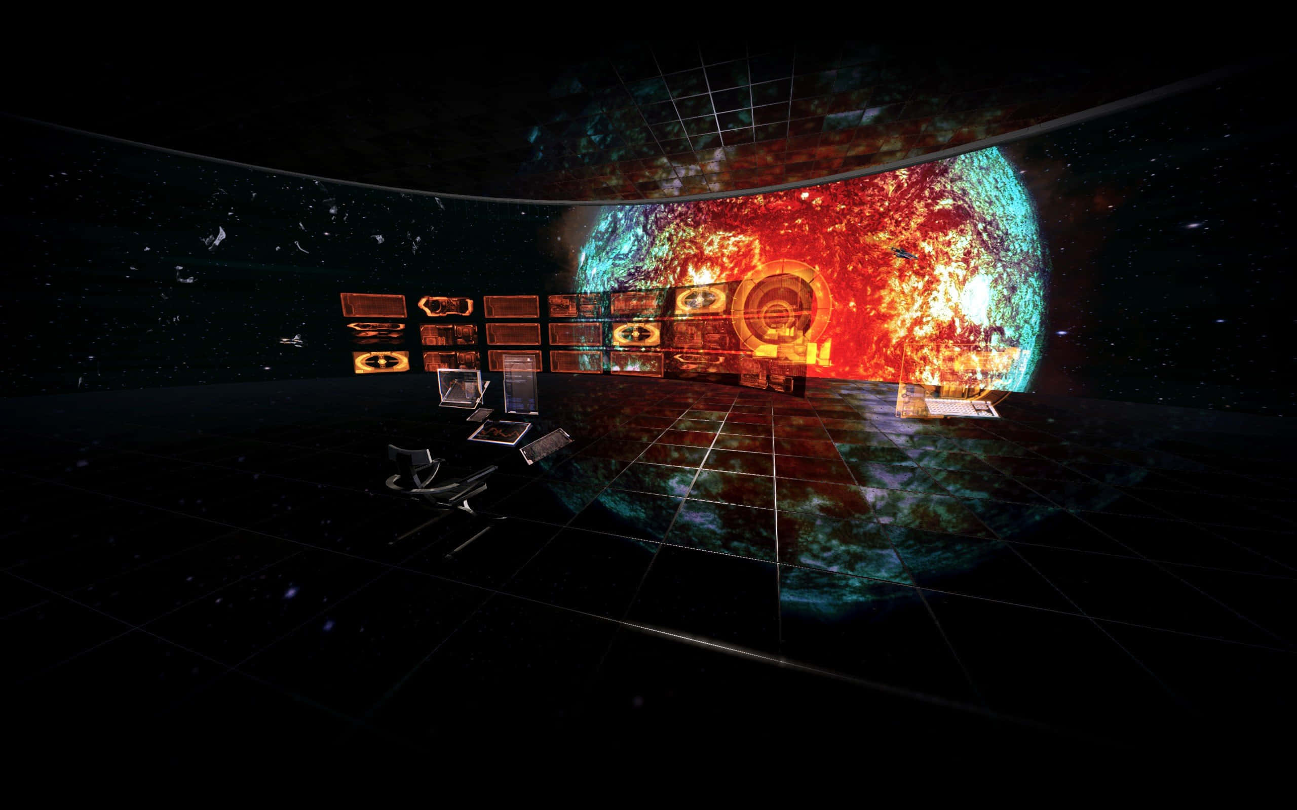 Illusive Man, futuristic control room, glowing screens, 2K Desktop Wallpaper