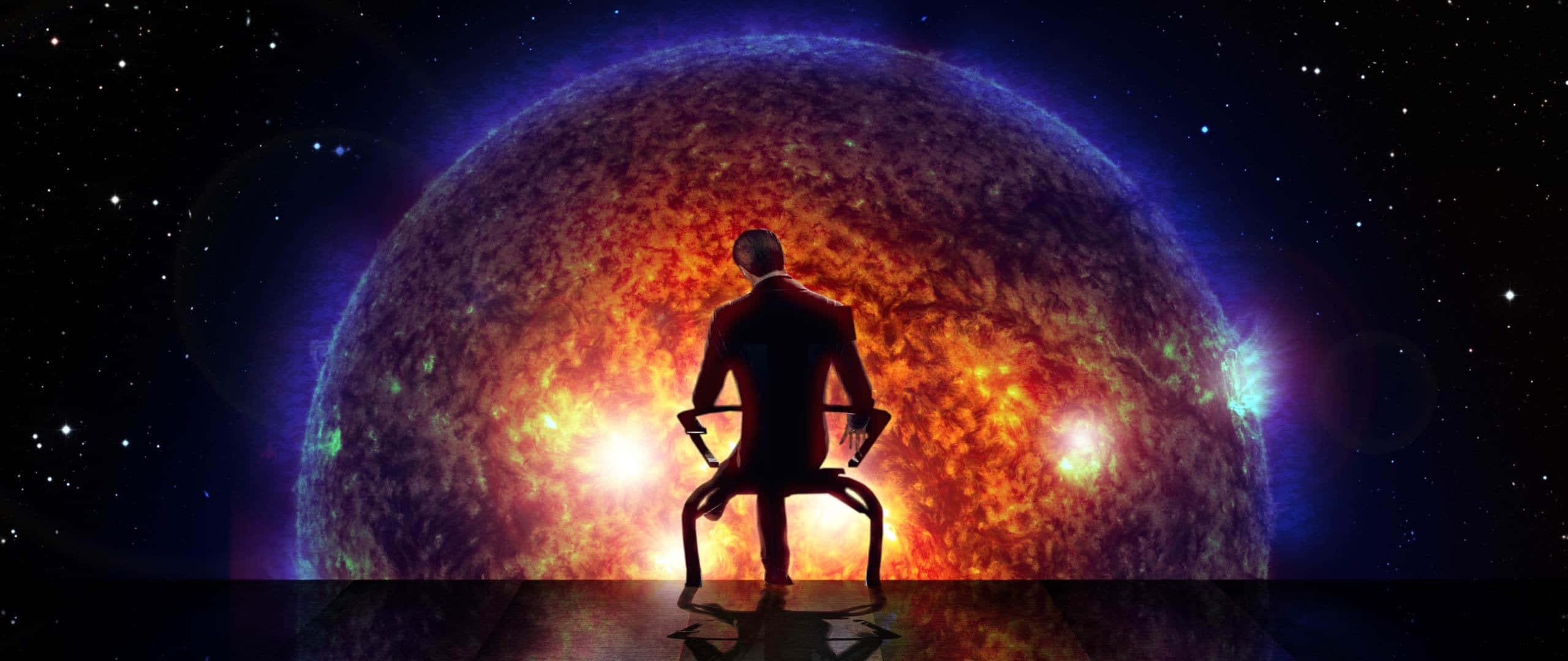 Illusive Man, fiery planet, starry cosmic backdrop, 2K Desktop Wallpaper