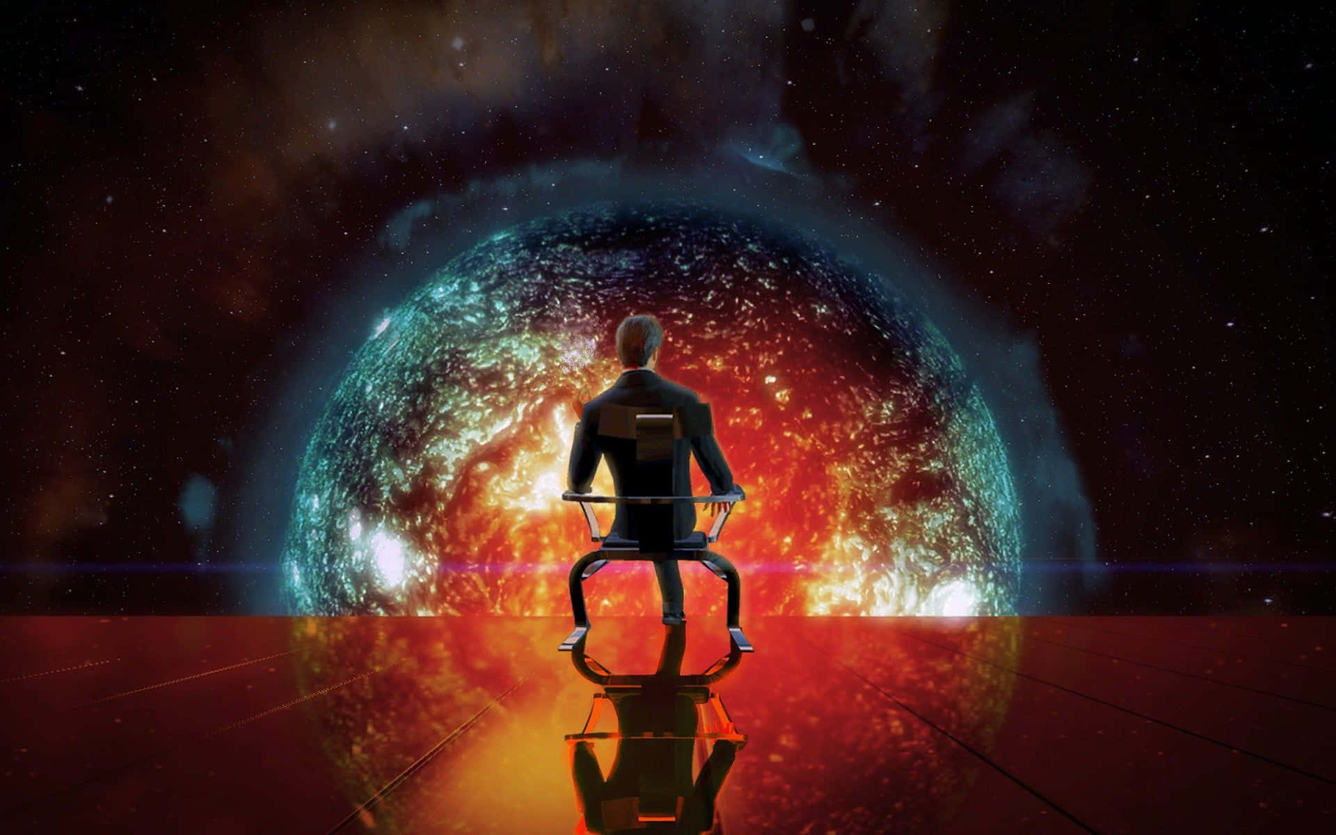 Illusive Man, cosmic planet, fiery orange and teal nebulae, Full HD Desktop Wallpaper