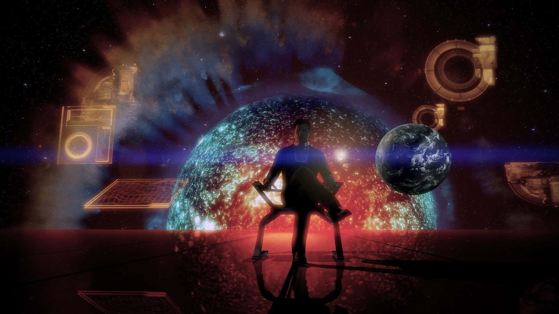 Illusive Man, futuristic space station, glowing planet, Full HD Desktop Wallpaper