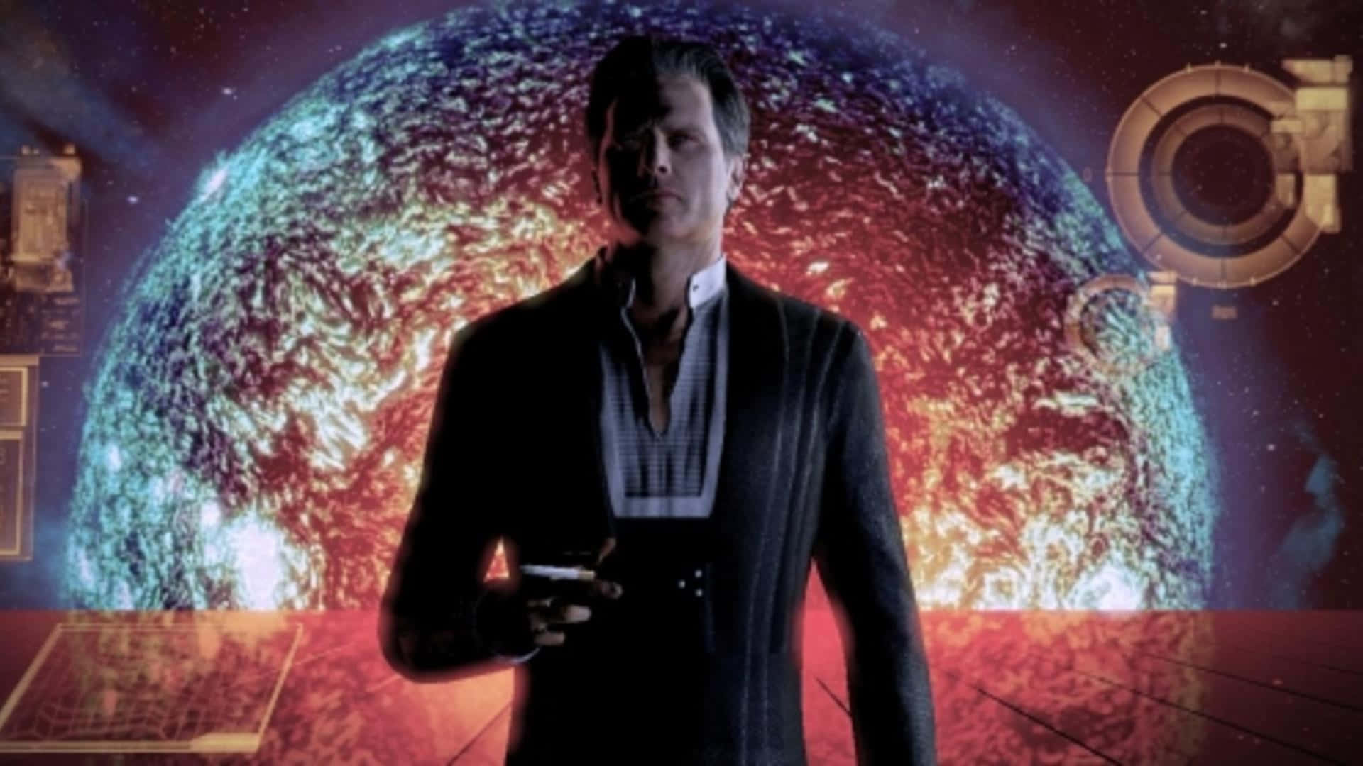 Illusive Man, dark suit, glowing planet, Full HD Desktop Wallpaper
