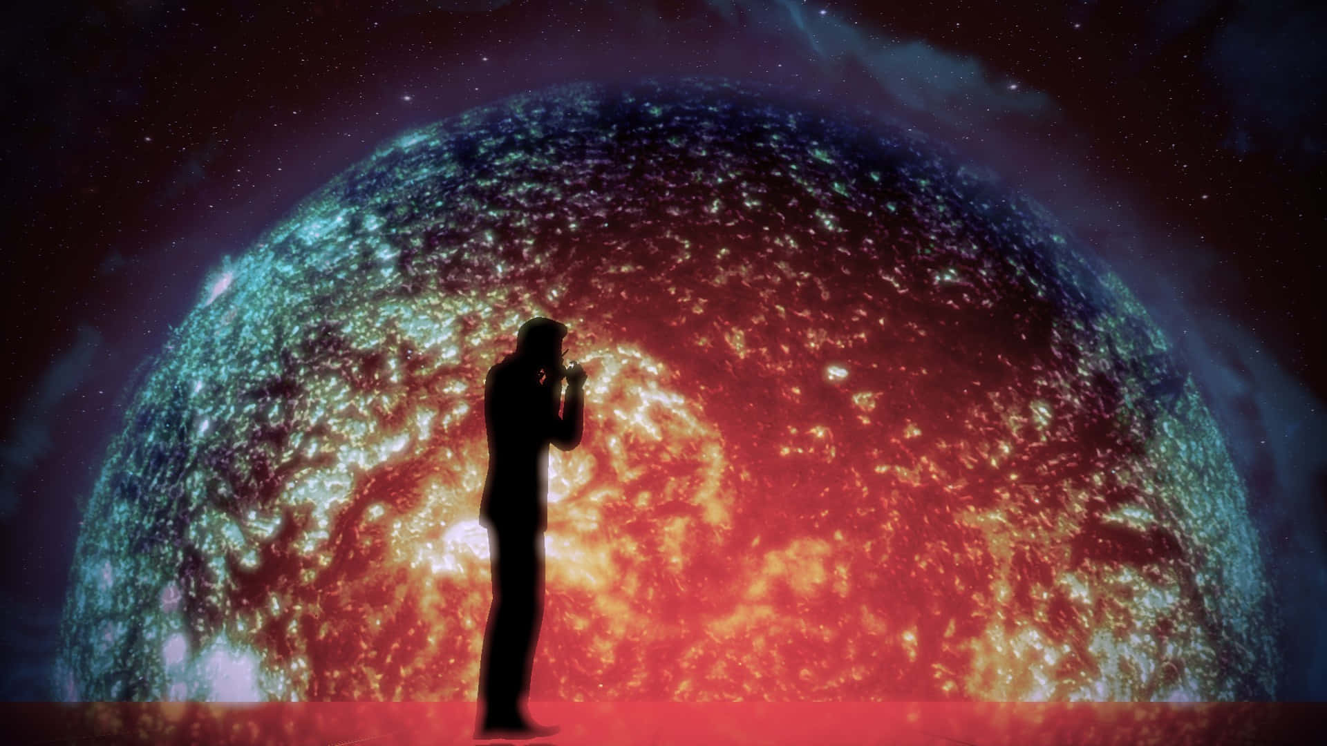 Illusive Man, cosmic background, fiery planet, Full HD Desktop Wallpaper