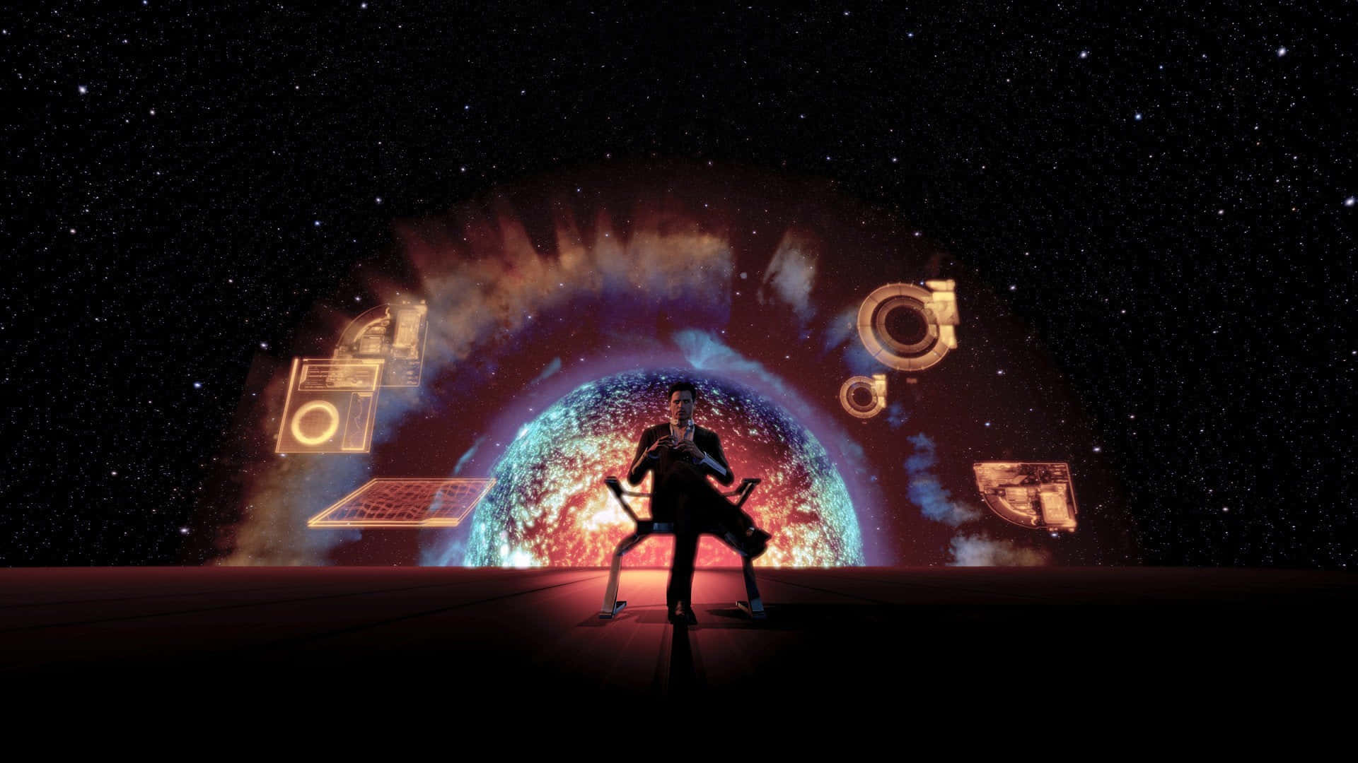 Illusive Man, cosmic planet, floating digital artifacts, Full HD Desktop Wallpaper