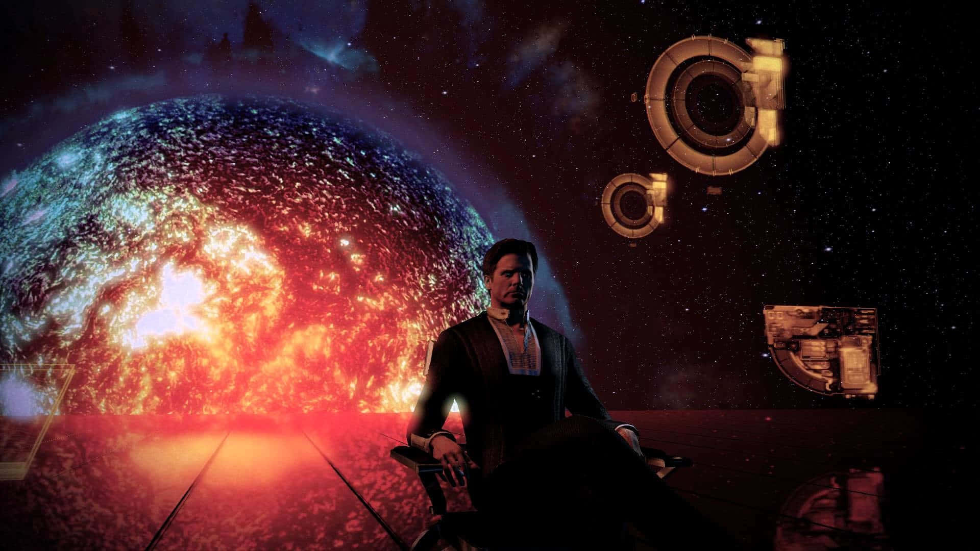 Illusive Man, cosmic nebula, futuristic rings, Full HD Desktop Wallpaper