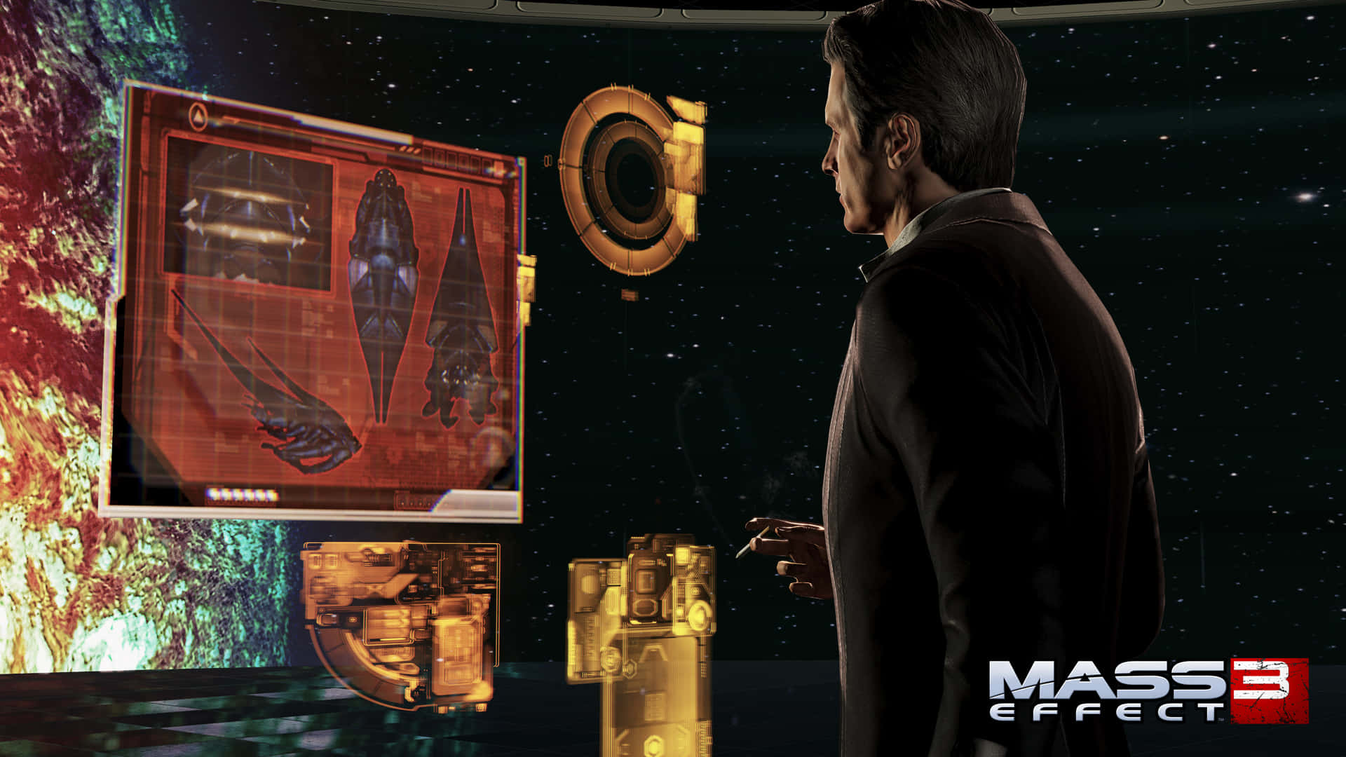 Illusive Man, star-filled space station room, holographic alien ship blueprints, Full HD Desktop Wallpaper