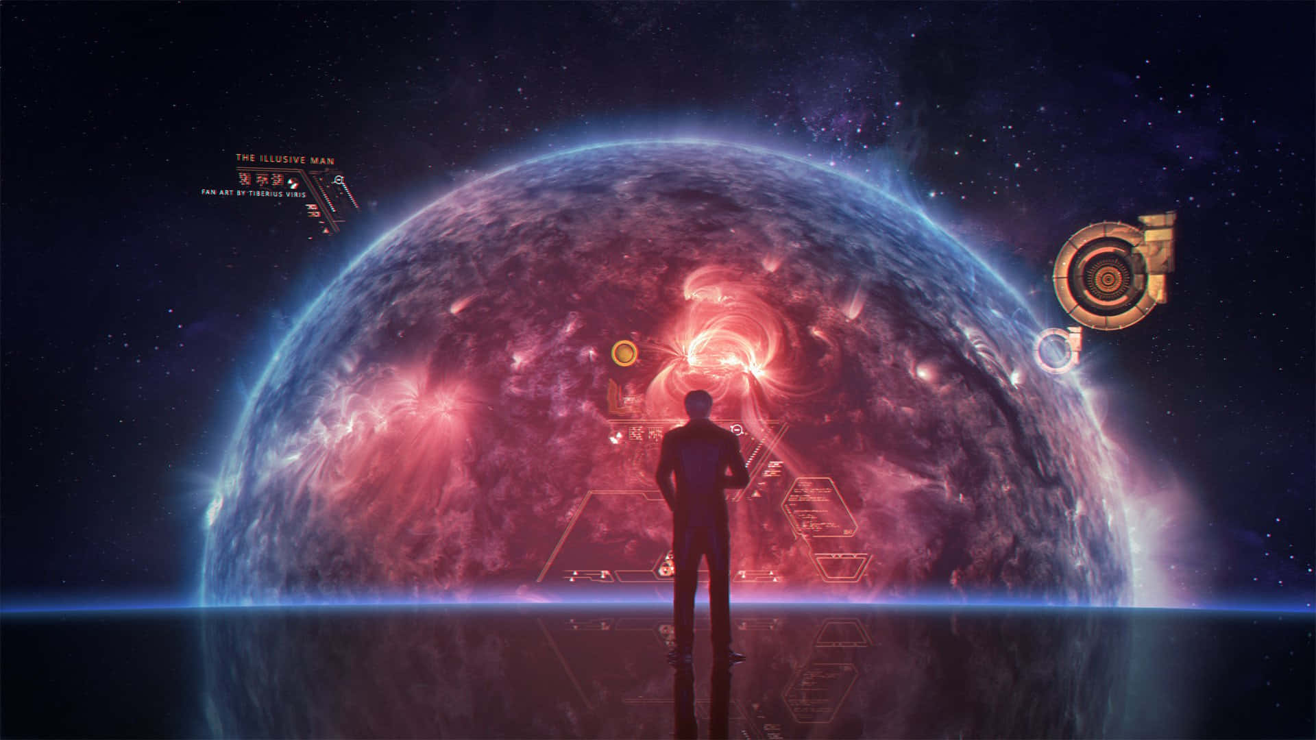 Illusive Man, reflective surface, massive glowing planet, Full HD Desktop Wallpaper