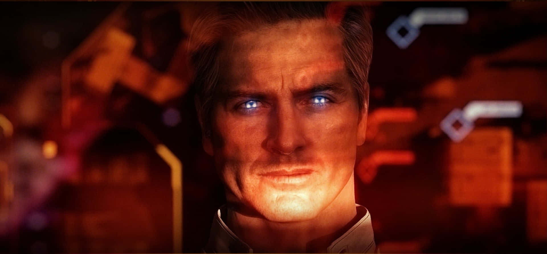 Illusive Man, glowing blue eyes, fiery orange and red blurred futuristic background, Full HD Desktop Wallpaper