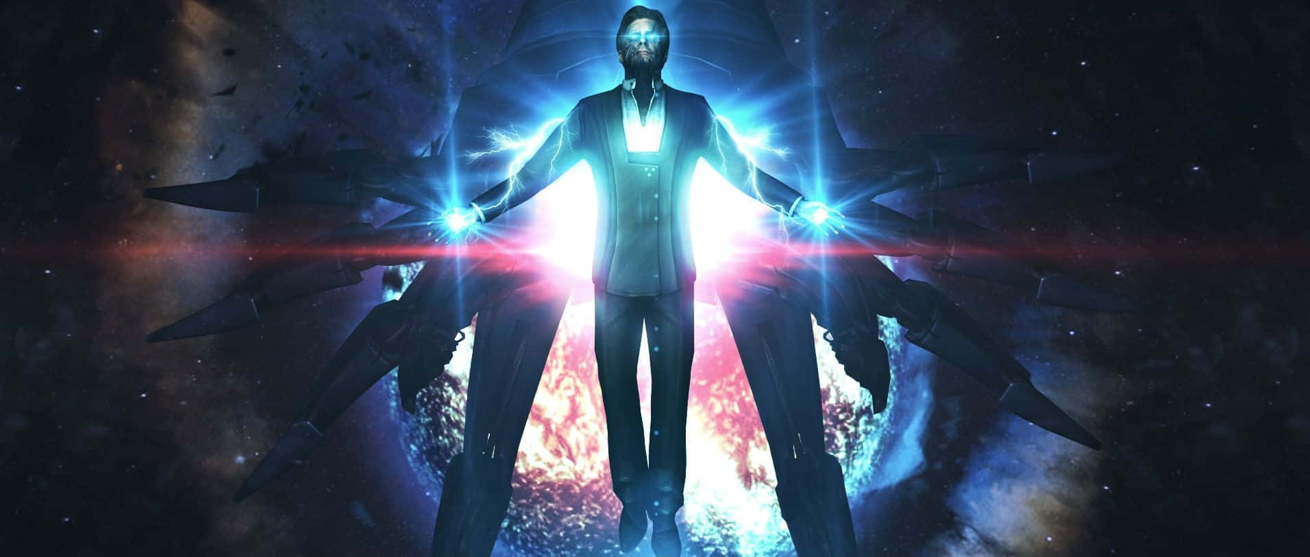 Illusive Man, cosmic nebula, radiant blue and red light beams, HD Desktop Wallpaper