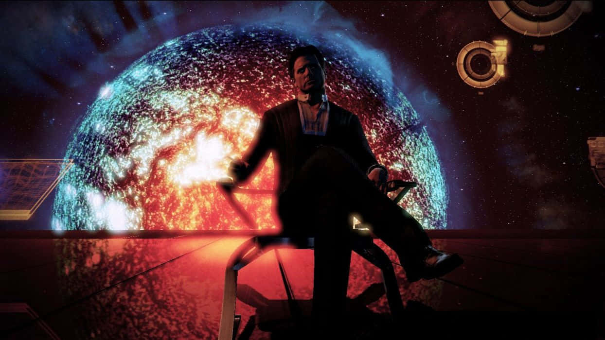 Illusive Man, cosmic backdrop, fiery swirling planet, SD Desktop Wallpaper